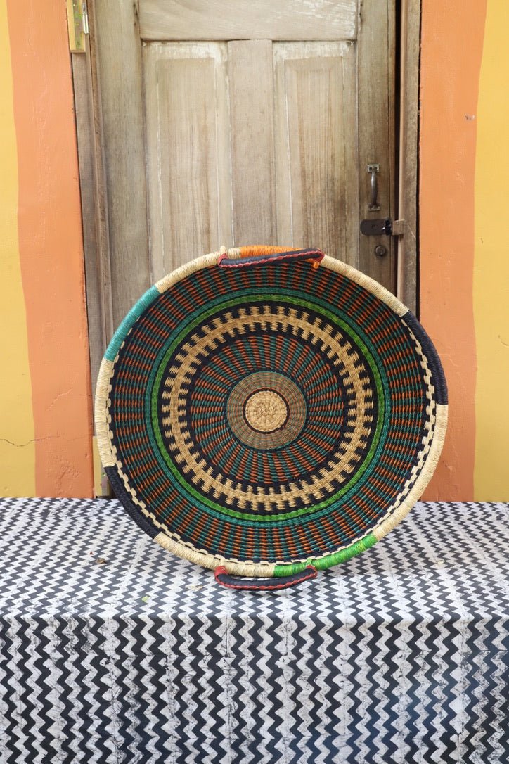 Woven Tray Wall Decor (Large) by The Baba Tree. Premium elephant grass tray with leather handles. Bolgatanga artisan craftsmanship.