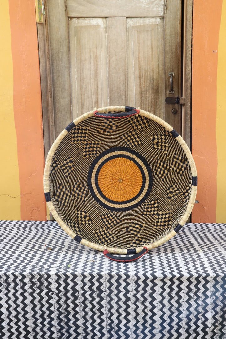 Woven Tray Wall Decor (Large) by The Baba Tree. Premium elephant grass tray with leather handles. Bolgatanga artisan craftsmanship.