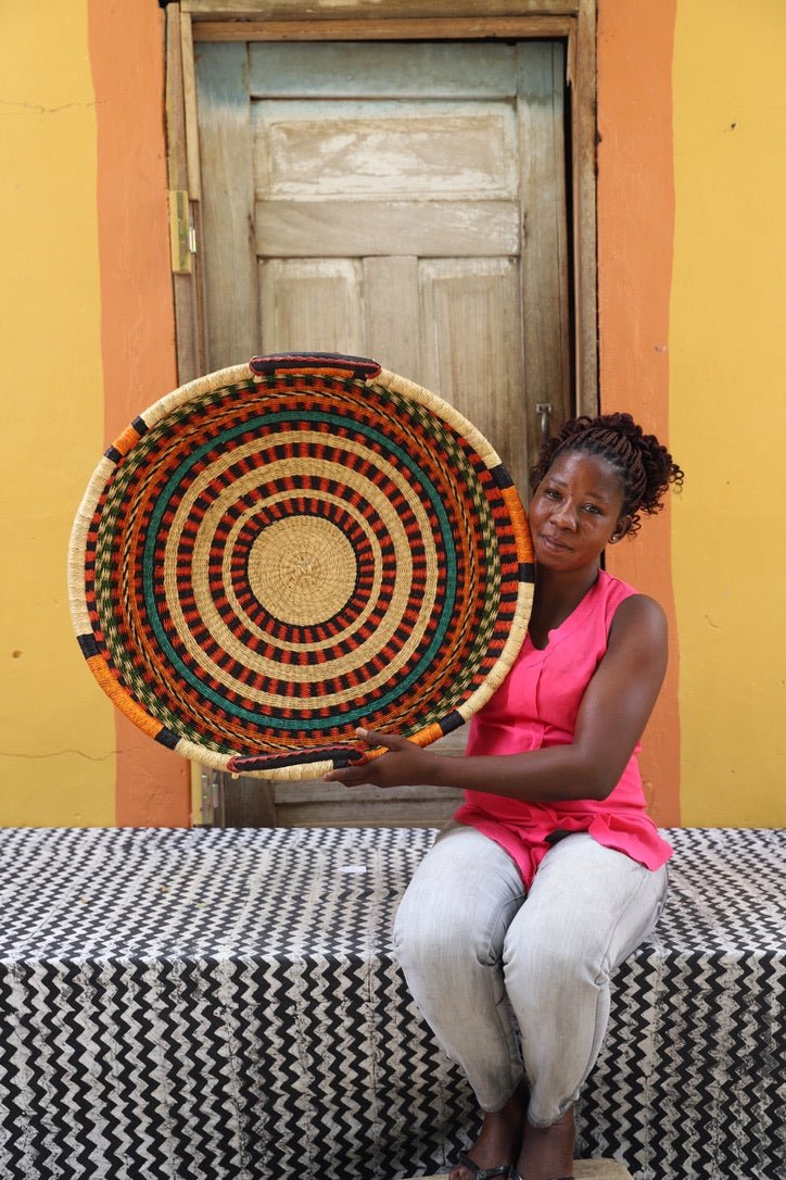 Woven Tray Wall Decor (Large) by The Baba Tree. Premium elephant grass tray with leather handles. Bolgatanga artisan craftsmanship.