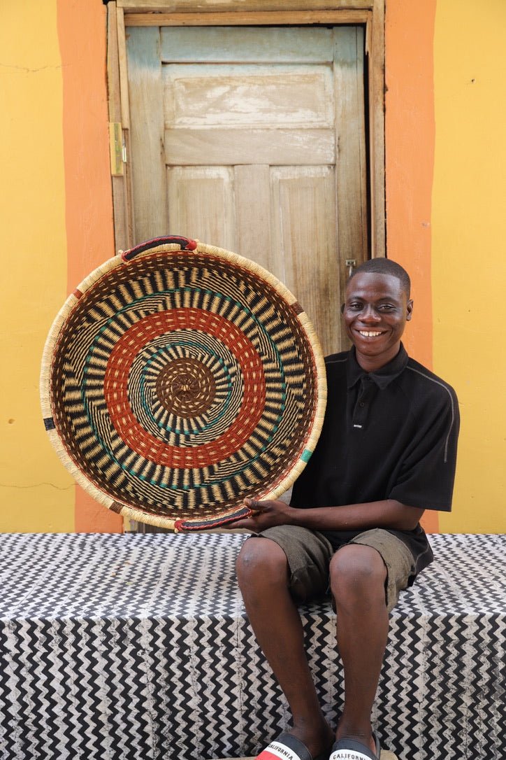 Woven Tray Wall Decor (Large) by The Baba Tree. Premium elephant grass tray with leather handles. Bolgatanga artisan craftsmanship.