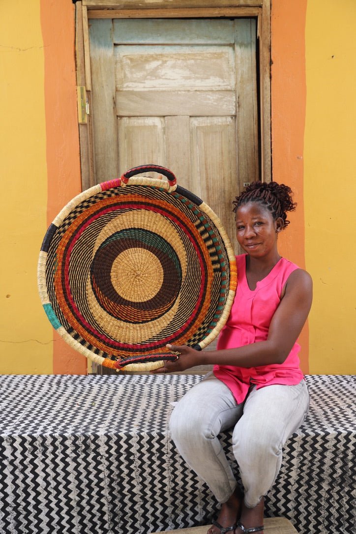 Woven Tray Wall Decor (Large) by The Baba Tree. Premium elephant grass tray with leather handles. Bolgatanga artisan craftsmanship.