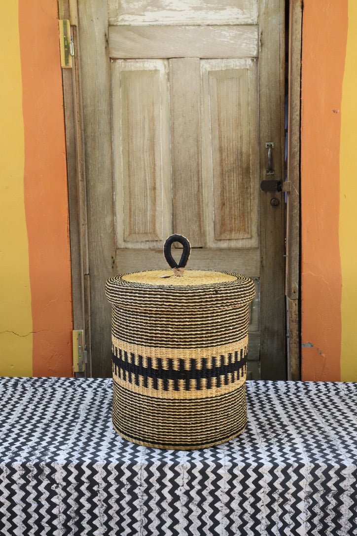 Handwoven Elephant Grass Laundry Basket with Lid, Small - The Baba Tree Basket Company