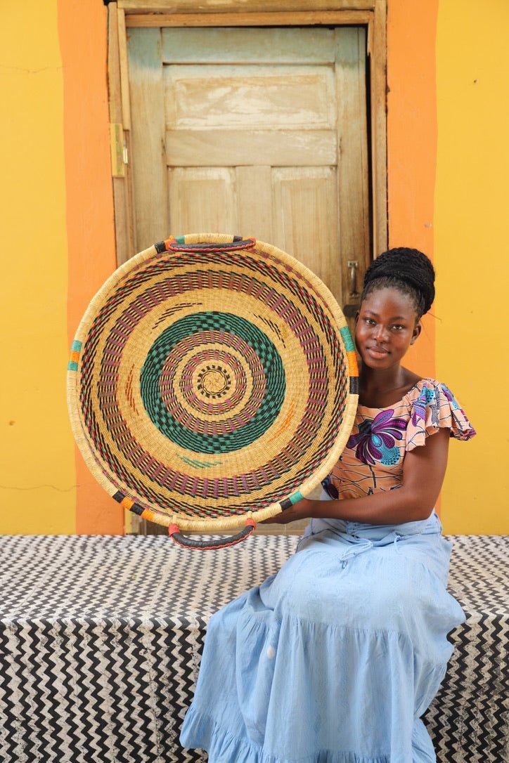 Woven Tray Wall Decor (Large) by The Baba Tree. Premium elephant grass tray with leather handles. Bolgatanga artisan craftsmanship.