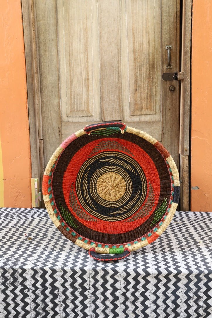Woven Tray Wall Decor (Small) by The Baba Tree. Premium elephant grass tray with leather handles. Bolgatanga artisan craftsmanship.