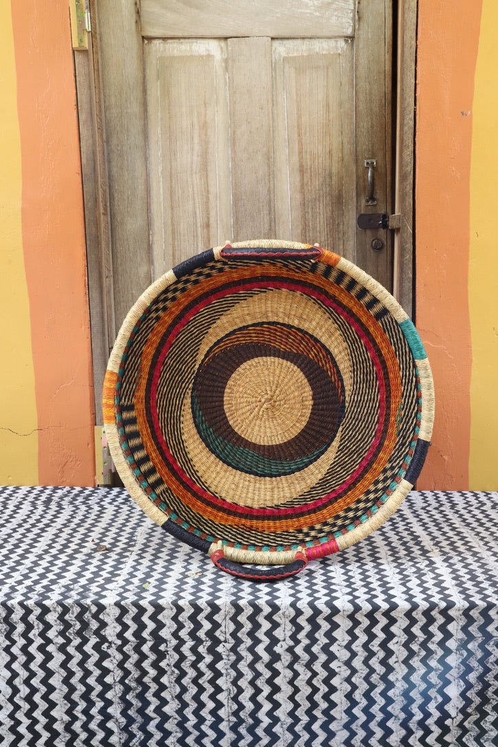 Woven Tray Wall Decor (Large) by The Baba Tree. Premium elephant grass tray with leather handles. Bolgatanga artisan craftsmanship.