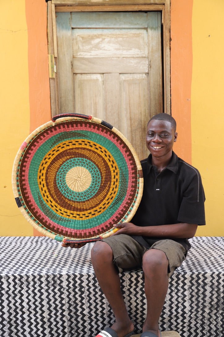 Woven Tray Wall Decor (Large) by The Baba Tree. Premium elephant grass tray with leather handles. Bolgatanga artisan craftsmanship.
