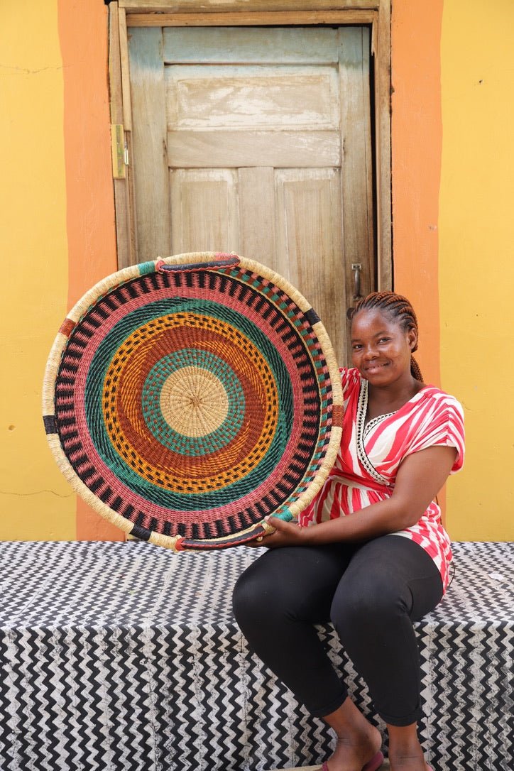 Woven Tray Wall Decor (Large) by The Baba Tree. Premium elephant grass tray with leather handles. Bolgatanga artisan craftsmanship.