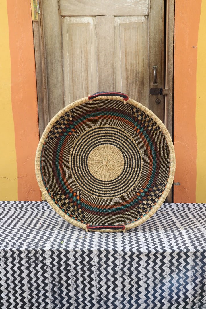 Woven Tray Wall Decor (Large) by The Baba Tree. Premium elephant grass tray with leather handles. Bolgatanga artisan craftsmanship.