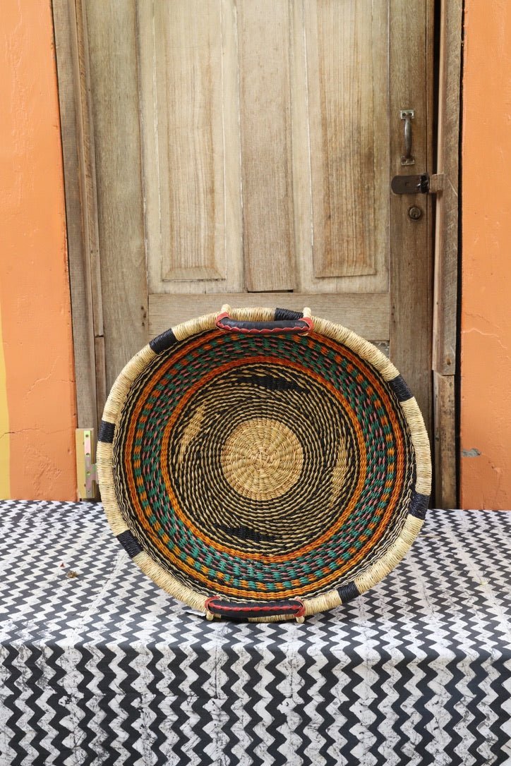 Woven Tray Wall Decor (Small) by The Baba Tree. Premium elephant grass tray with leather handles. Bolgatanga artisan craftsmanship.