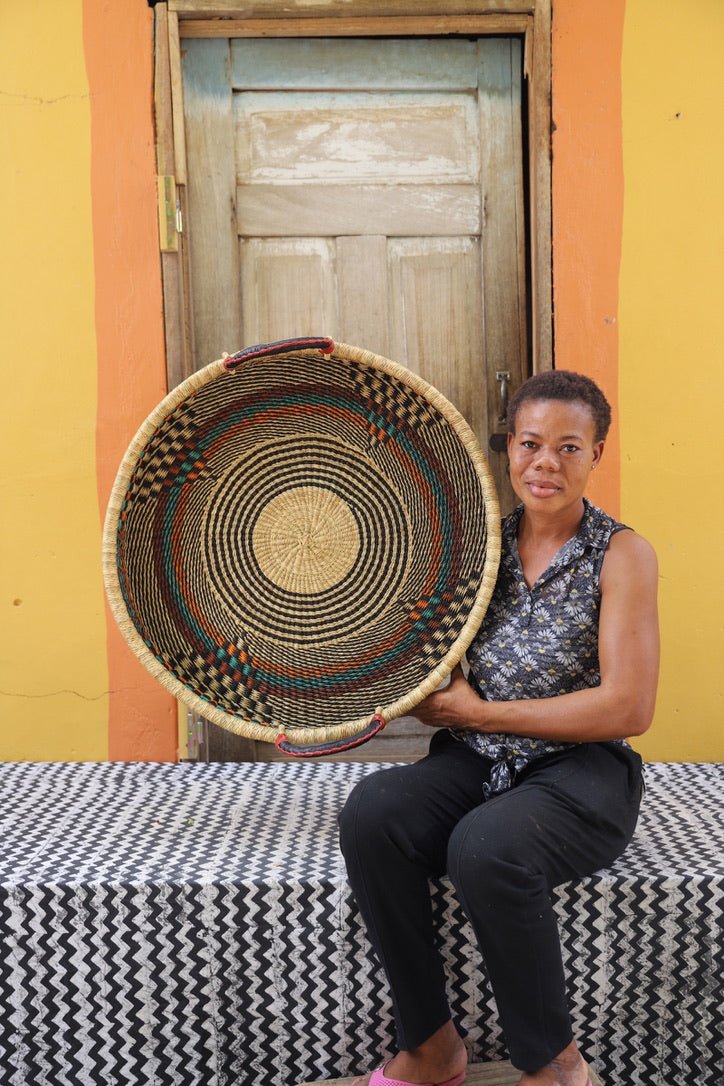 Woven Tray Wall Decor (Large) by The Baba Tree. Premium elephant grass tray with leather handles. Bolgatanga artisan craftsmanship.