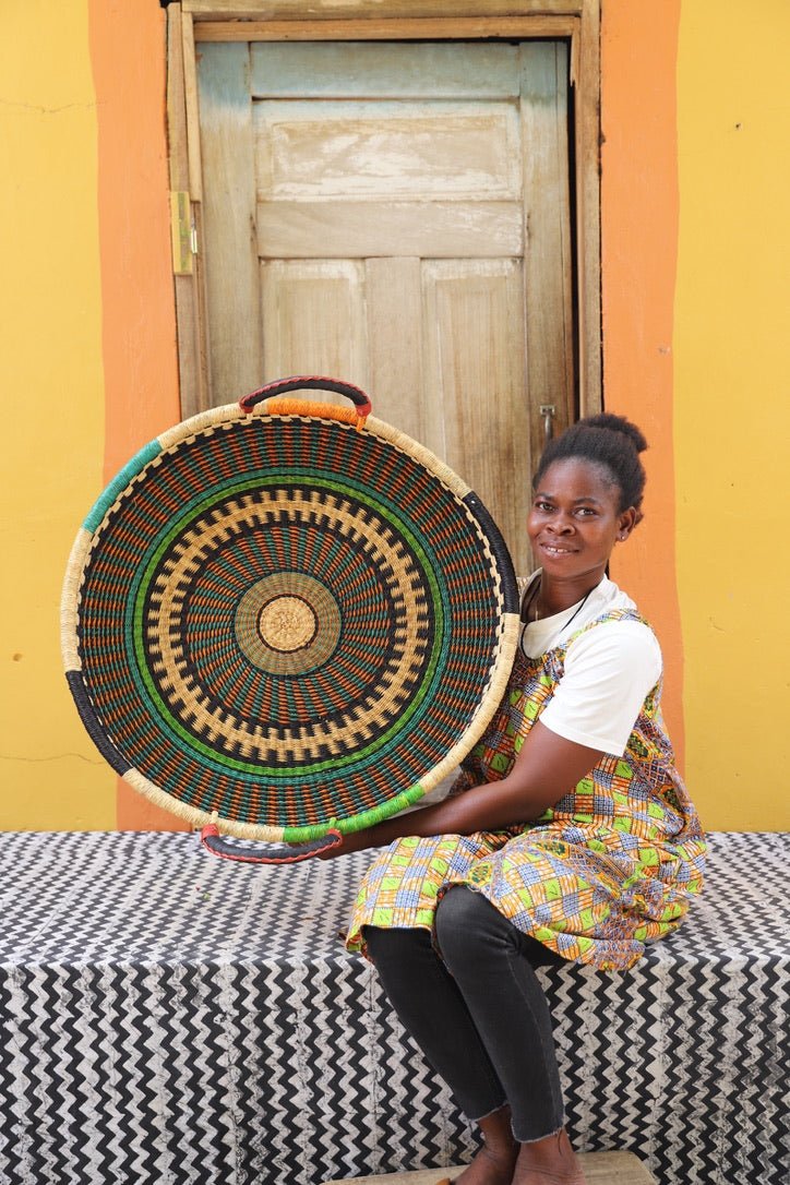 Woven Tray Wall Decor (Large) by The Baba Tree. Premium elephant grass tray with leather handles. Bolgatanga artisan craftsmanship.