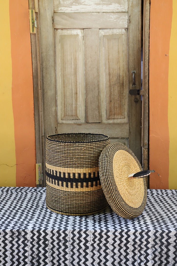 Handwoven Elephant Grass Laundry Basket with Lid, Small - The Baba Tree Basket Company