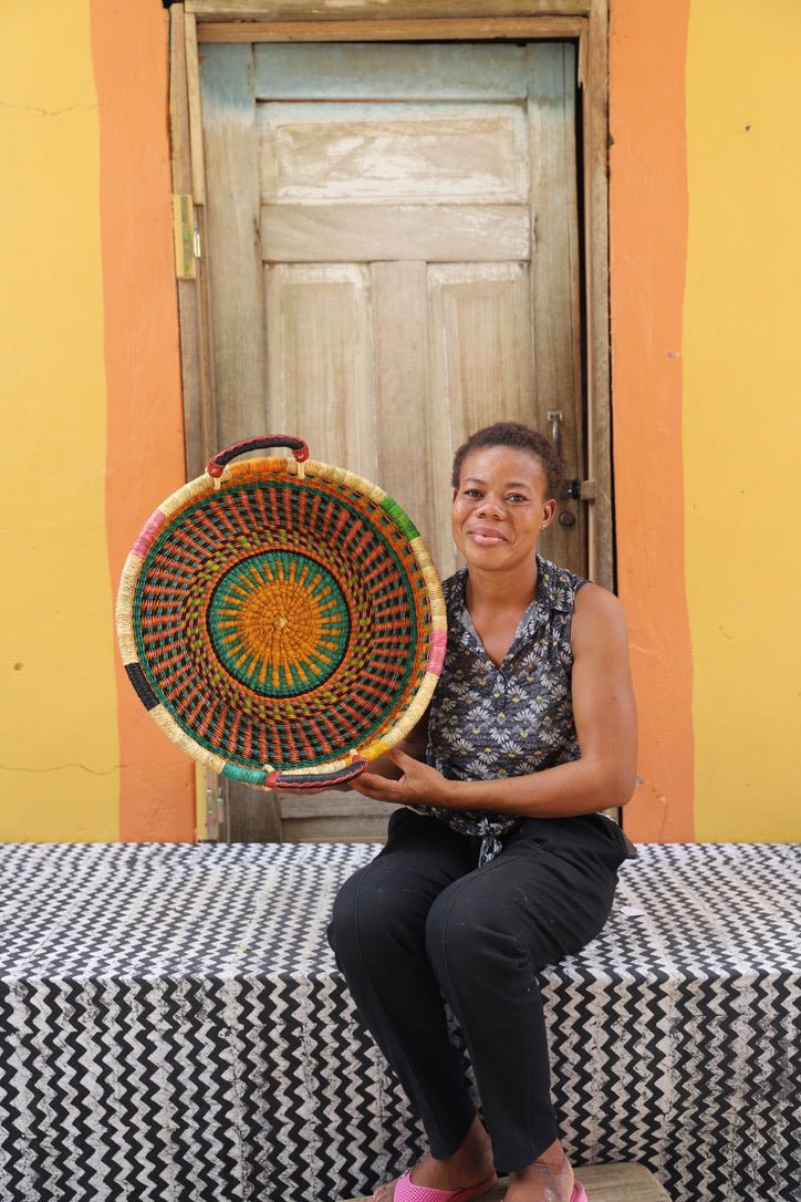 Woven Tray Wall Decor (Small) by The Baba Tree. Premium elephant grass tray with leather handles. Bolgatanga artisan craftsmanship.