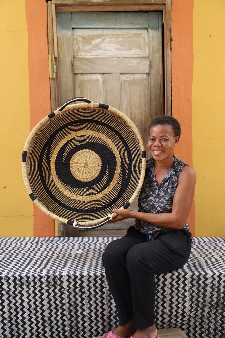 Woven Tray Wall Decor (Large) by The Baba Tree. Premium elephant grass tray with leather handles. Bolgatanga artisan craftsmanship.