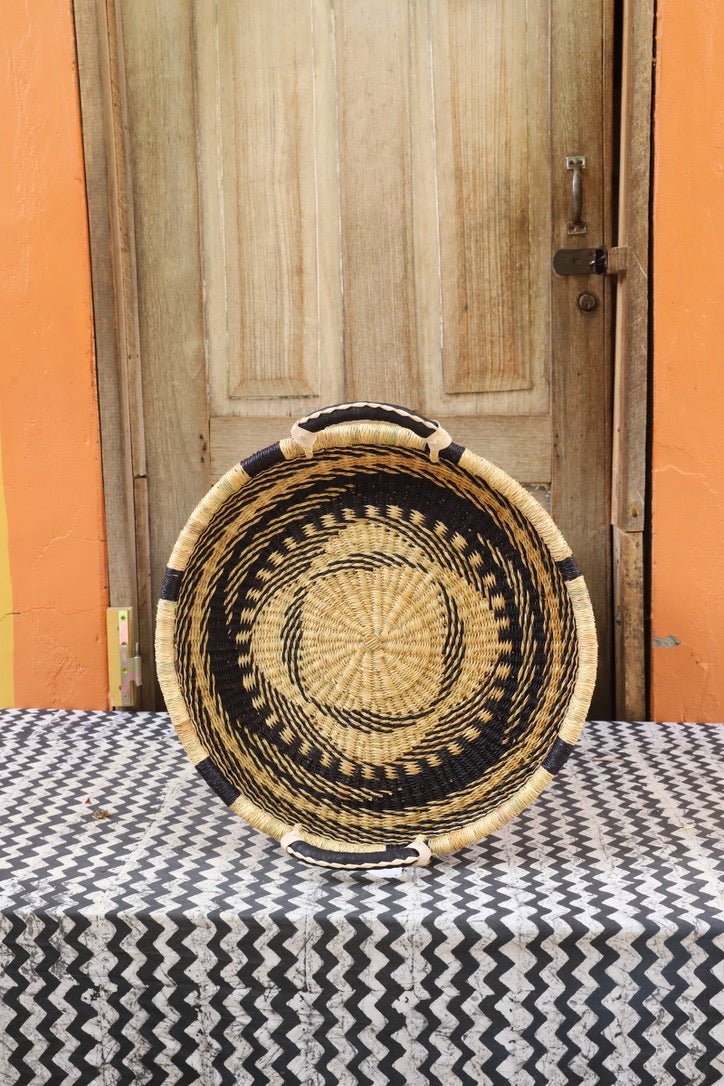 Woven Tray Wall Decor (Small) by The Baba Tree. Premium elephant grass tray with leather handles. Bolgatanga artisan craftsmanship.