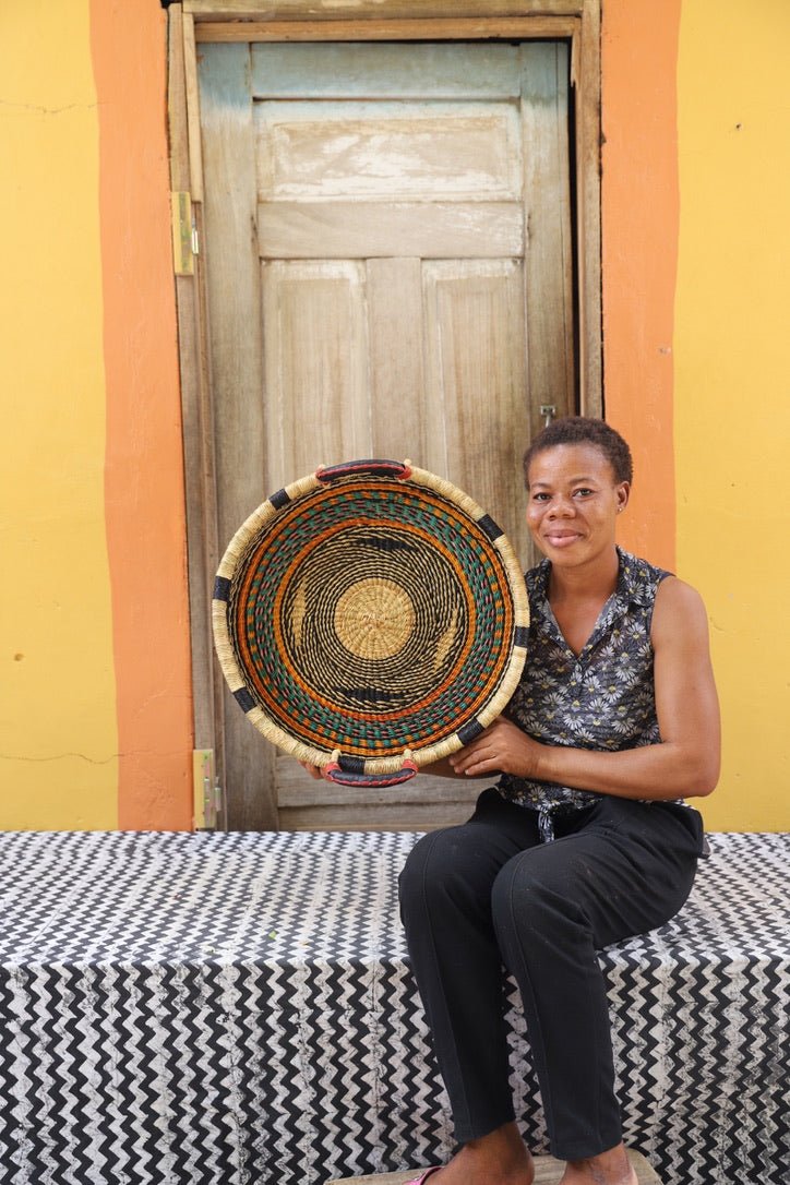 Woven Tray Wall Decor (Small) by The Baba Tree. Premium elephant grass tray with leather handles. Bolgatanga artisan craftsmanship.