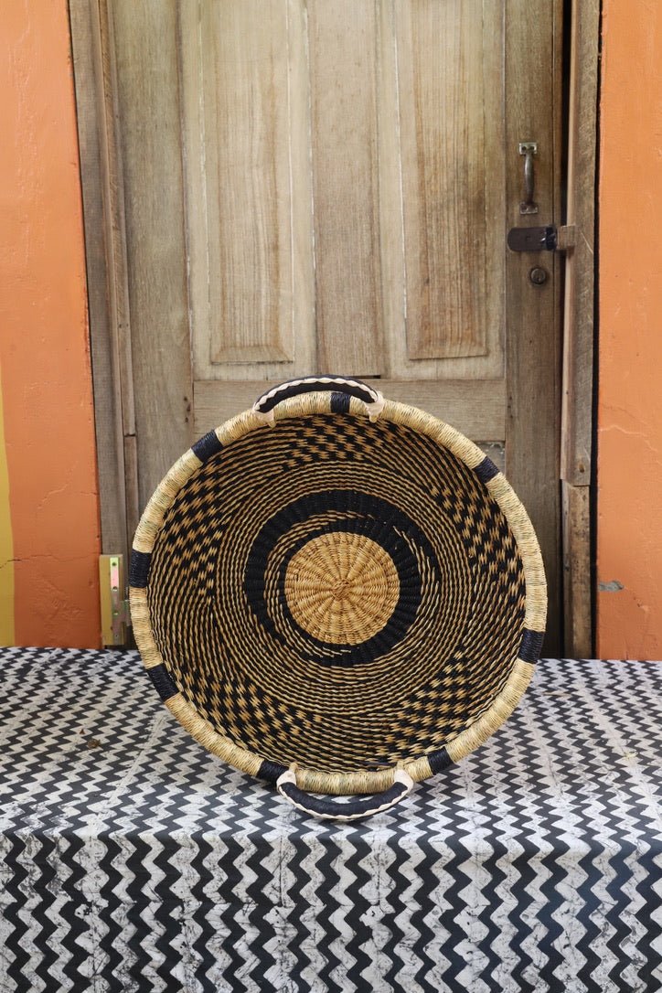 Woven Tray Wall Decor (Small) by The Baba Tree. Premium elephant grass tray with leather handles. Bolgatanga artisan craftsmanship.