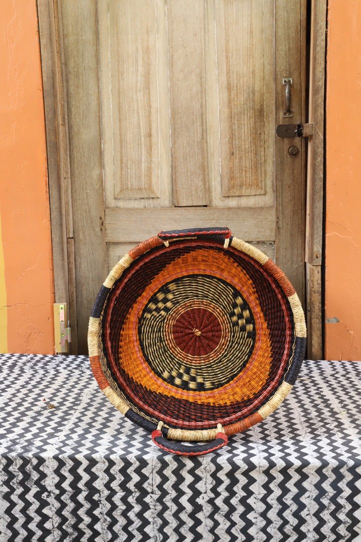 Woven Tray Wall Decor (Small) by The Baba Tree. Premium elephant grass tray with leather handles. Bolgatanga artisan craftsmanship.