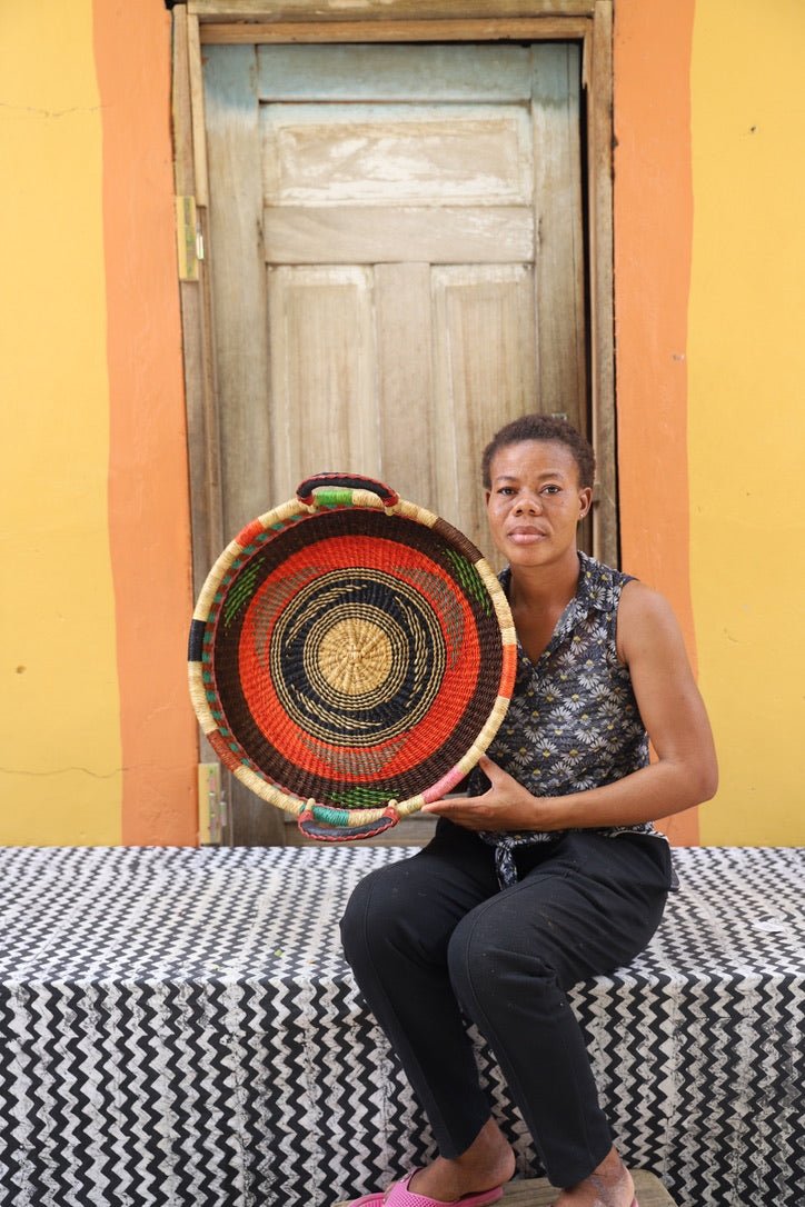 Woven Tray Wall Decor (Small) by The Baba Tree. Premium elephant grass tray with leather handles. Bolgatanga artisan craftsmanship.
