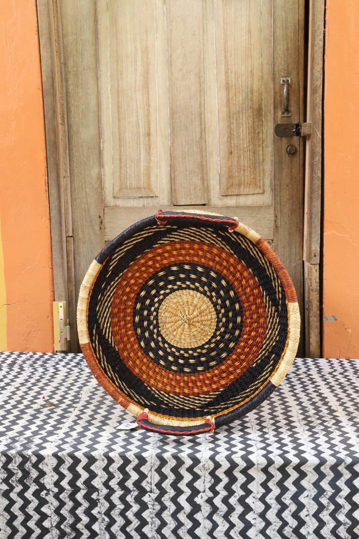 Woven Tray Wall Decor (Small) by The Baba Tree. Premium elephant grass tray with leather handles. Bolgatanga artisan craftsmanship.