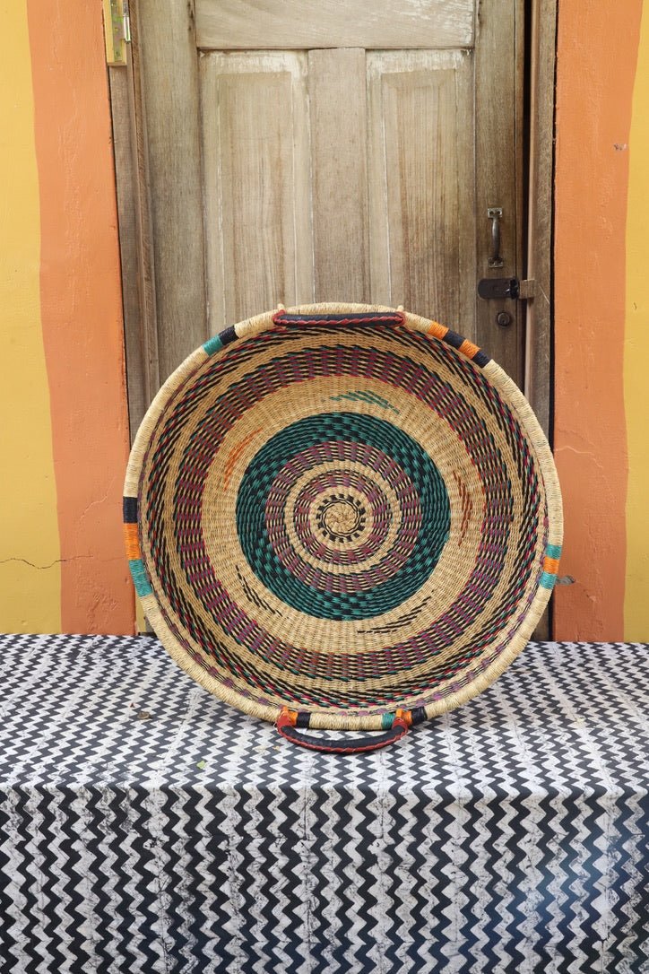 Woven Tray Wall Decor (Large) by The Baba Tree. Premium elephant grass tray with leather handles. Bolgatanga artisan craftsmanship.