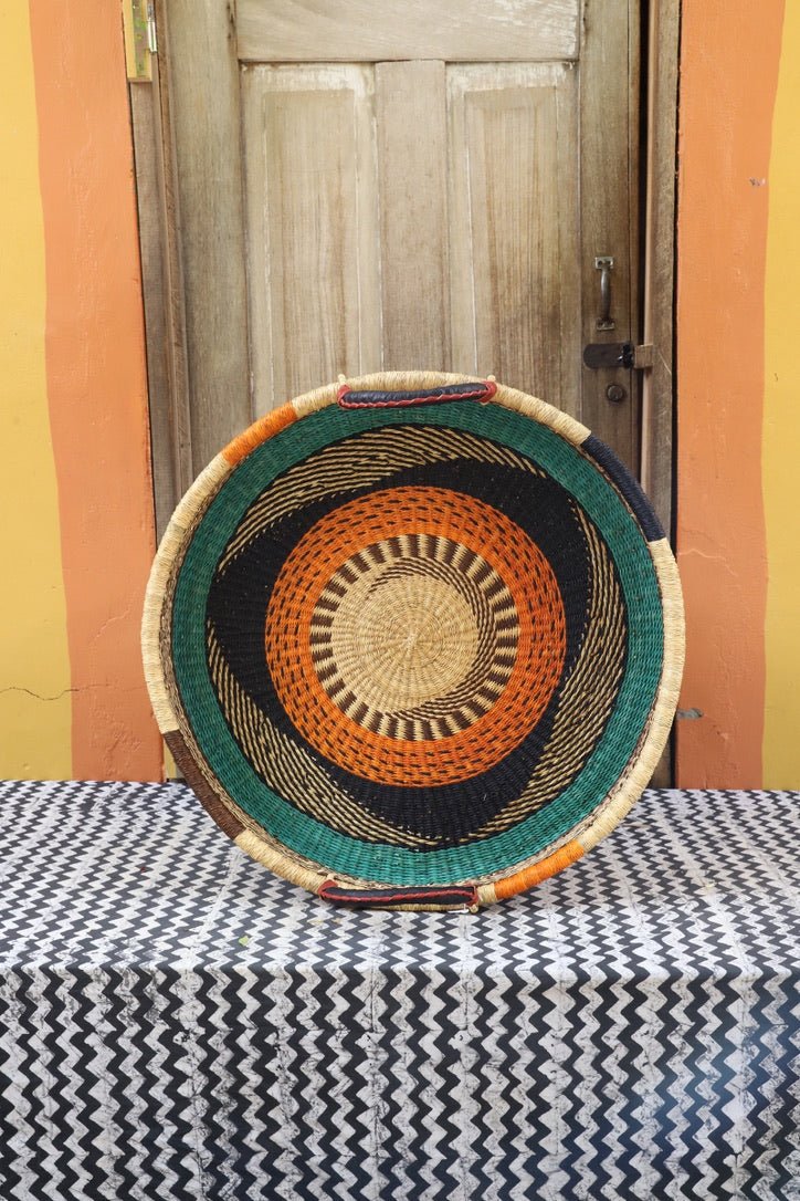 Woven Tray Wall Decor (Large) by The Baba Tree. Premium elephant grass tray with leather handles. Bolgatanga artisan craftsmanship.