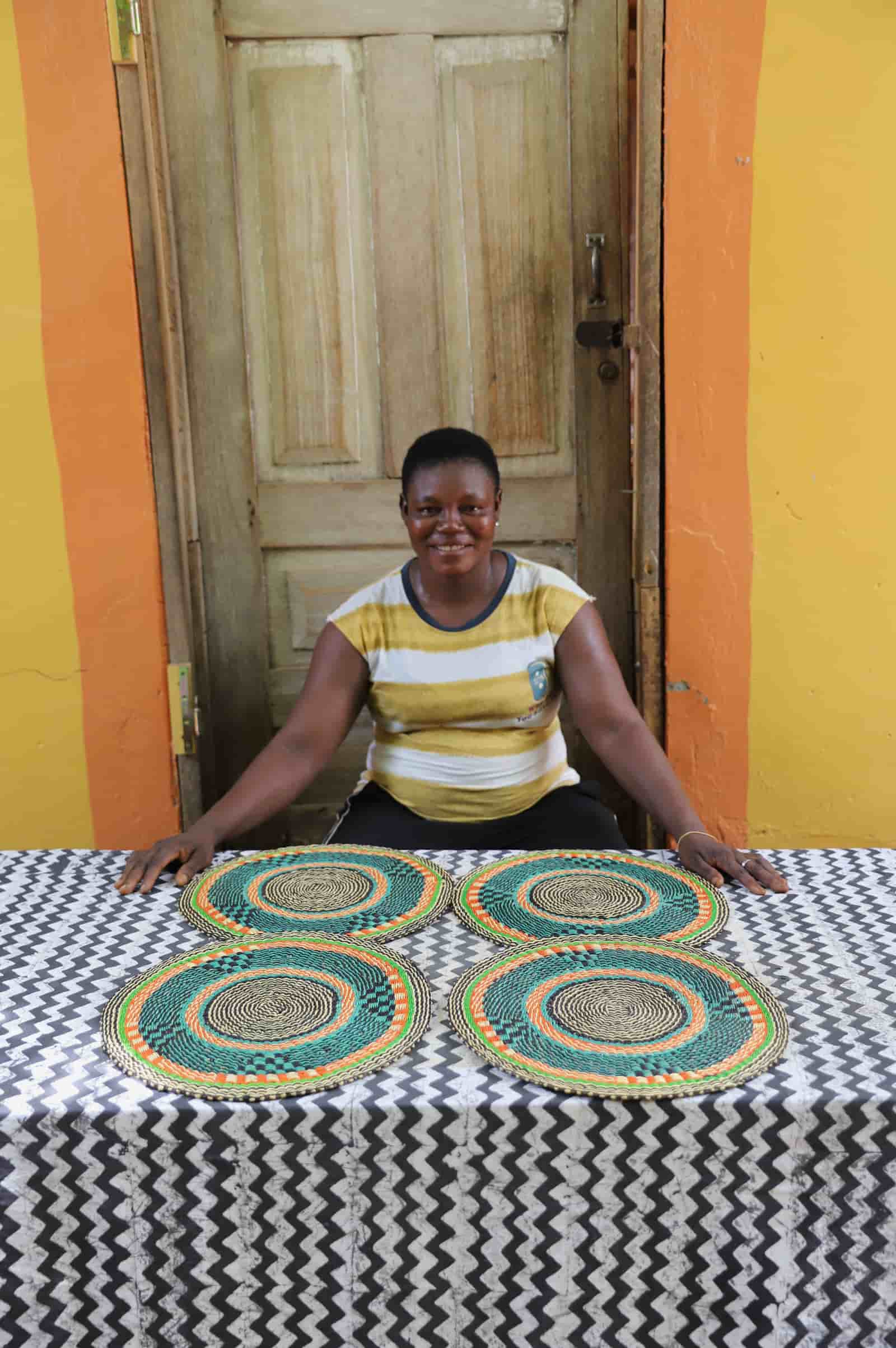 Set of 4 large placemats in teal, green and orange concentric weave