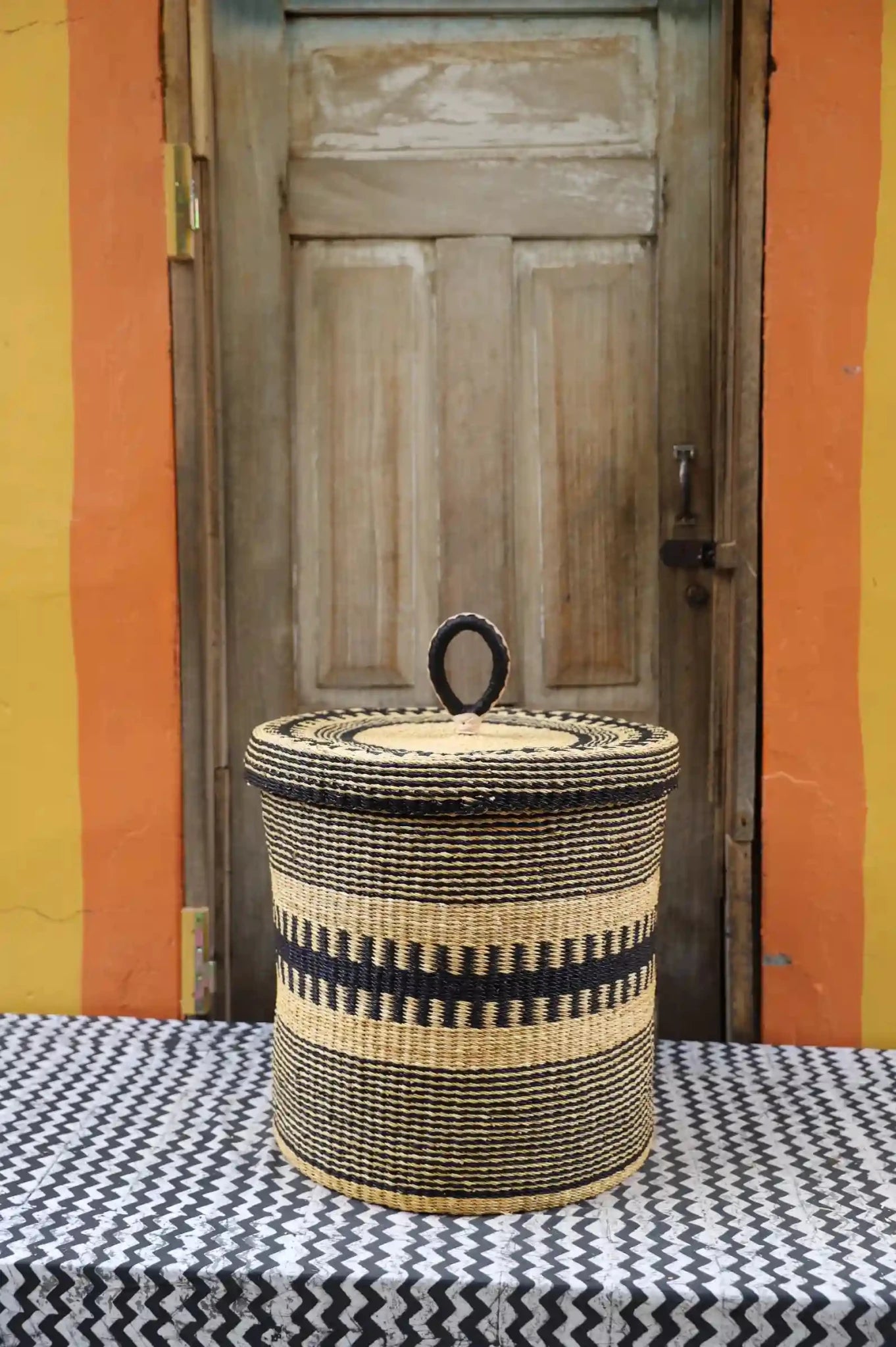 Handwoven Elephant Grass Laundry Basket with Lid | Large