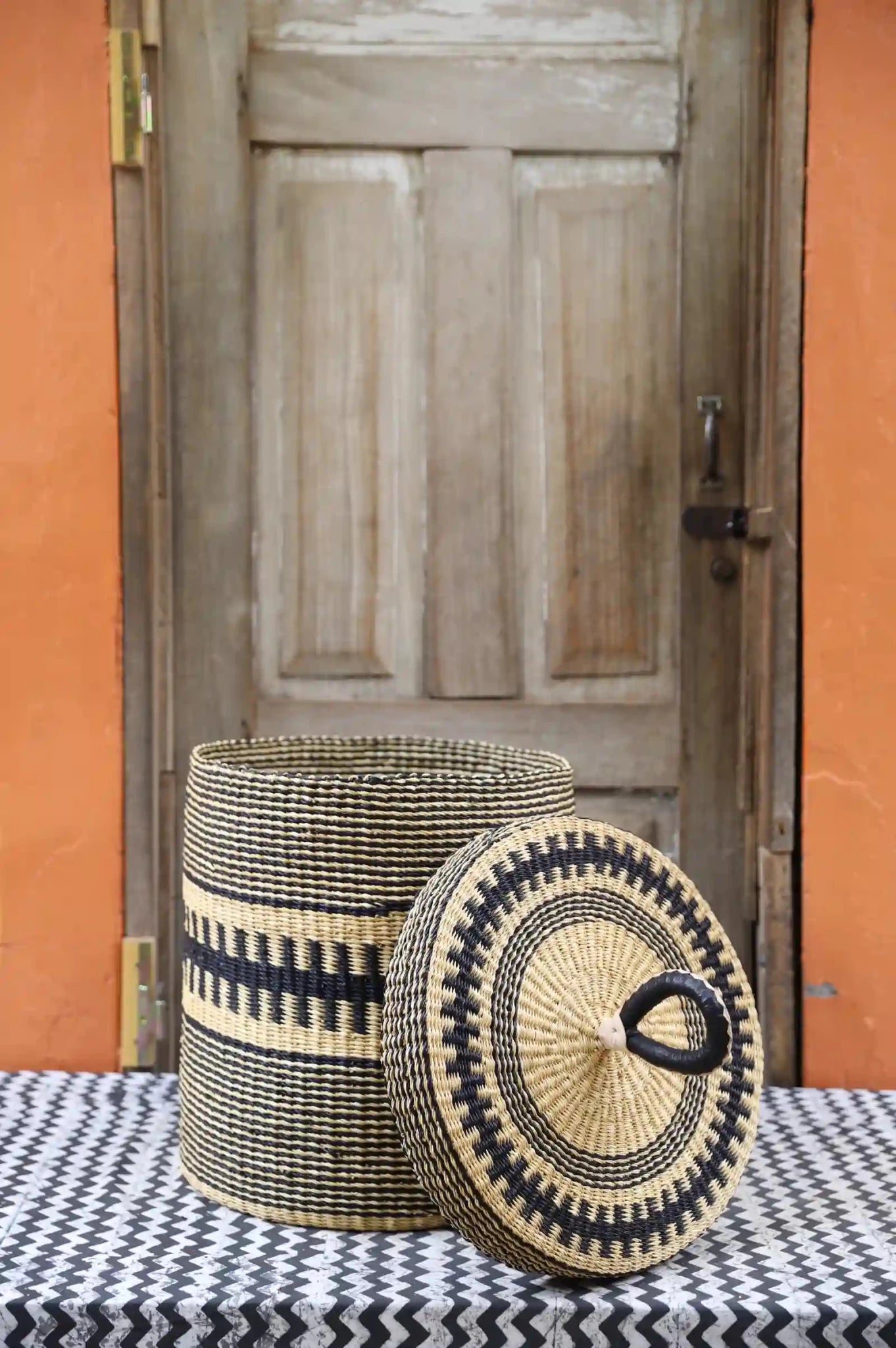 Handwoven Elephant Grass Laundry Basket with Lid | Large