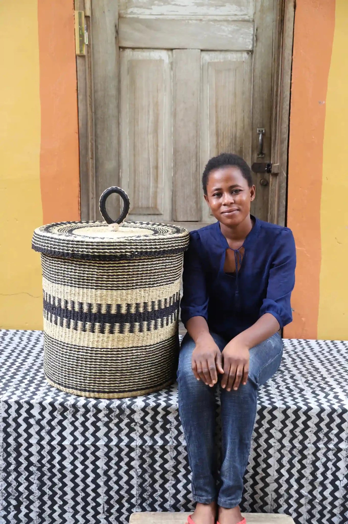 Handwoven Elephant Grass Laundry Basket with Lid | Large