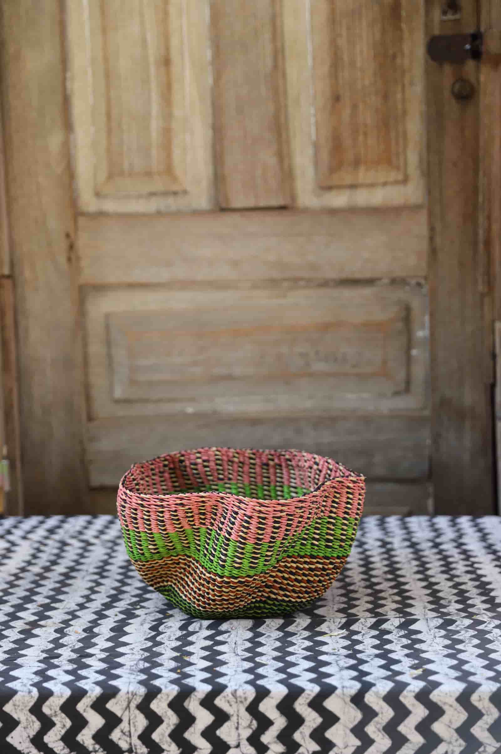 Tiny Pakurigo Wave Décor Basket with pink and lime green wave-stripe pattern