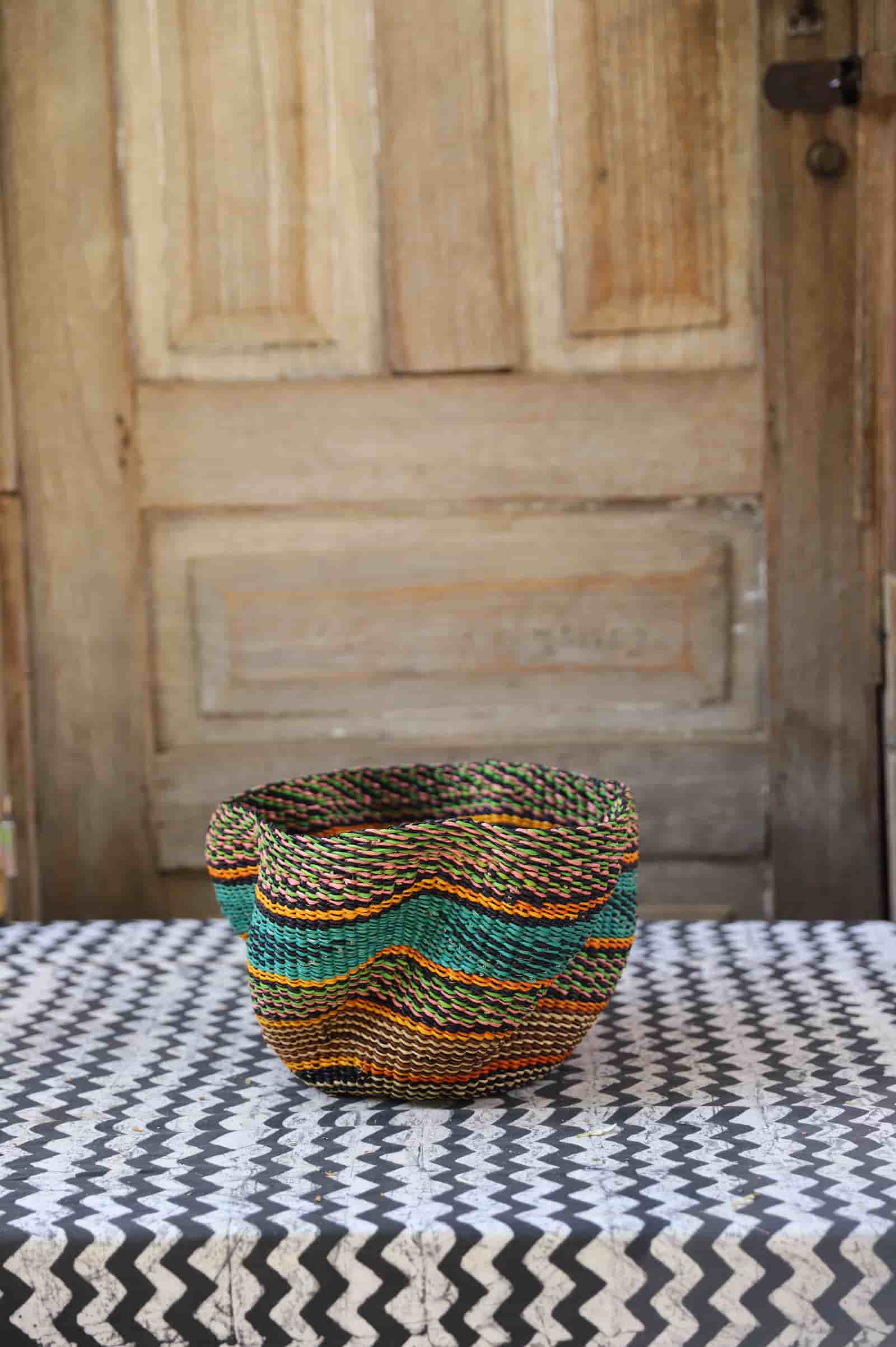 Tiny Pakurigo Wave Décor Basket with teal and amber wave-stripe pattern
