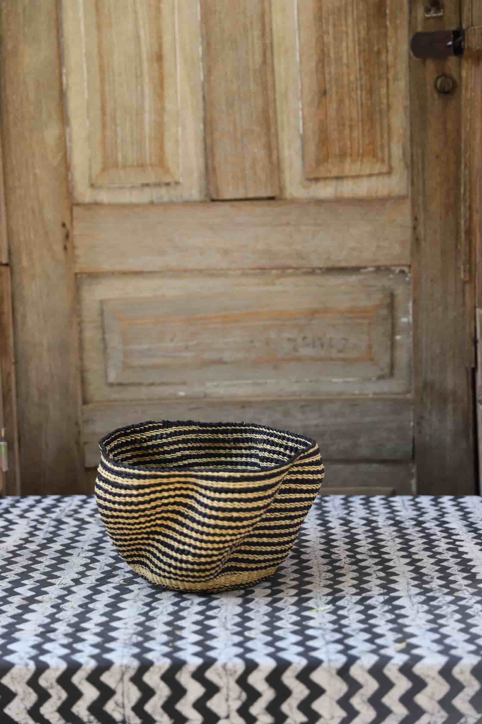 Tiny Pakurigo Wave Décor Basket with bold black and natural straw horizontal stripe pattern
