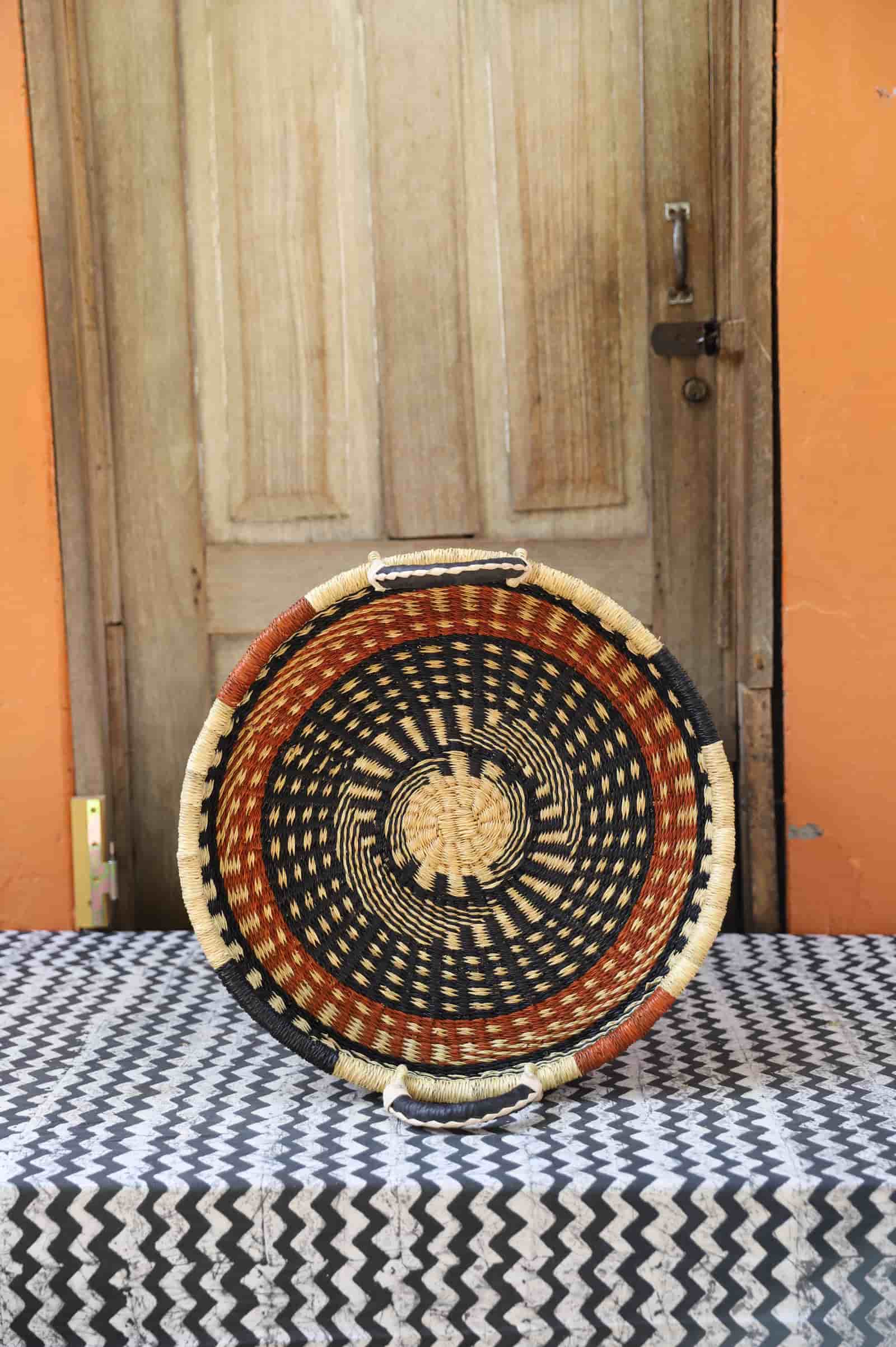  Premium elephant grass tray with leather handles. Bolgatanga artisan craftsmanship.