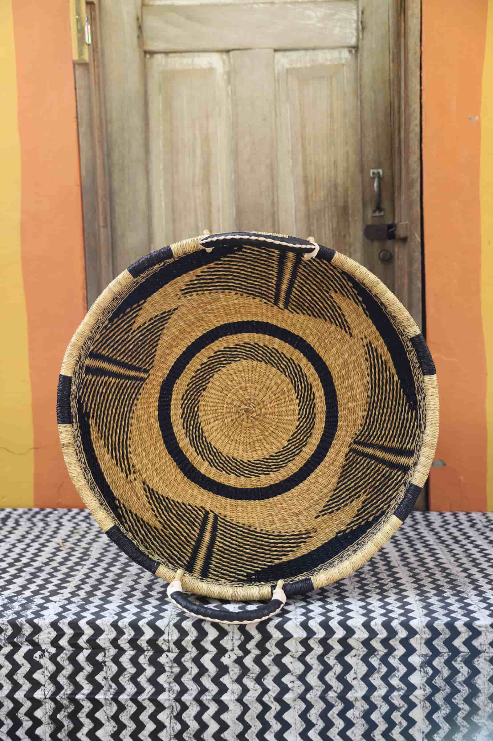  Premium elephant grass tray with leather handles. Bolgatanga artisan craftsmanship.