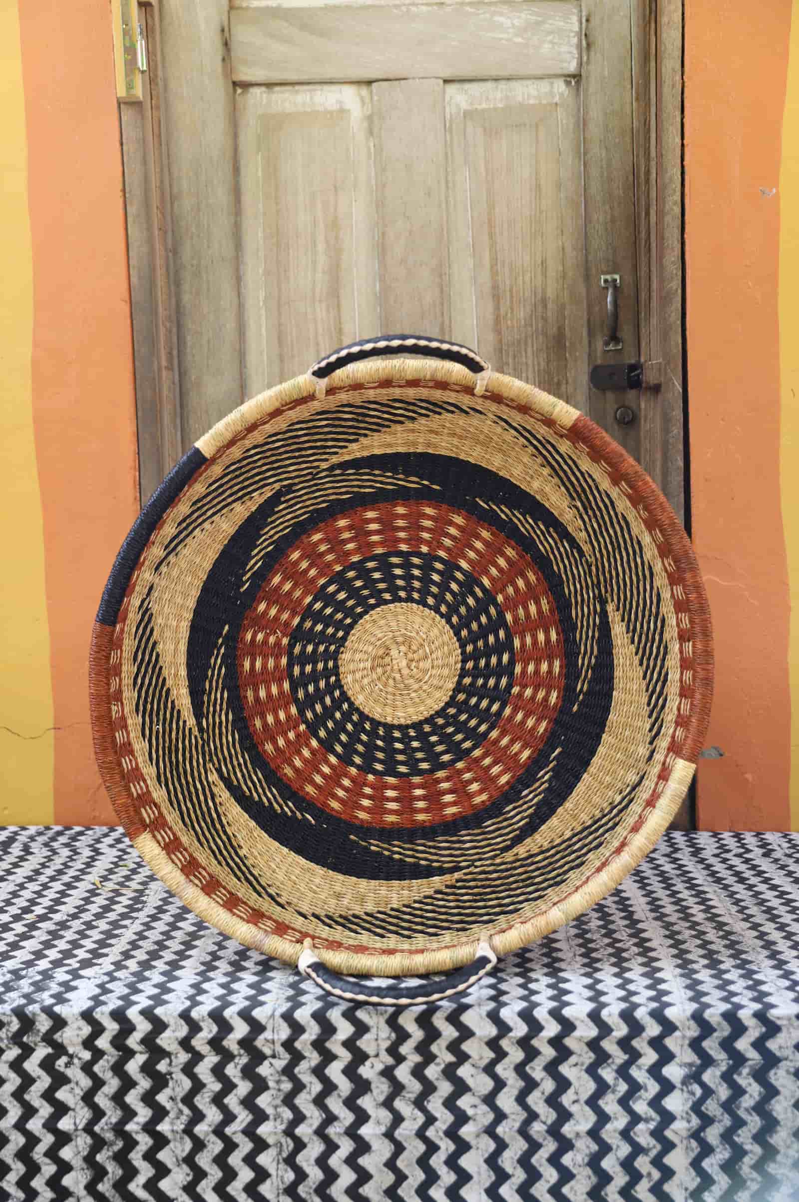  Premium elephant grass tray with leather handles. Bolgatanga artisan craftsmanship.