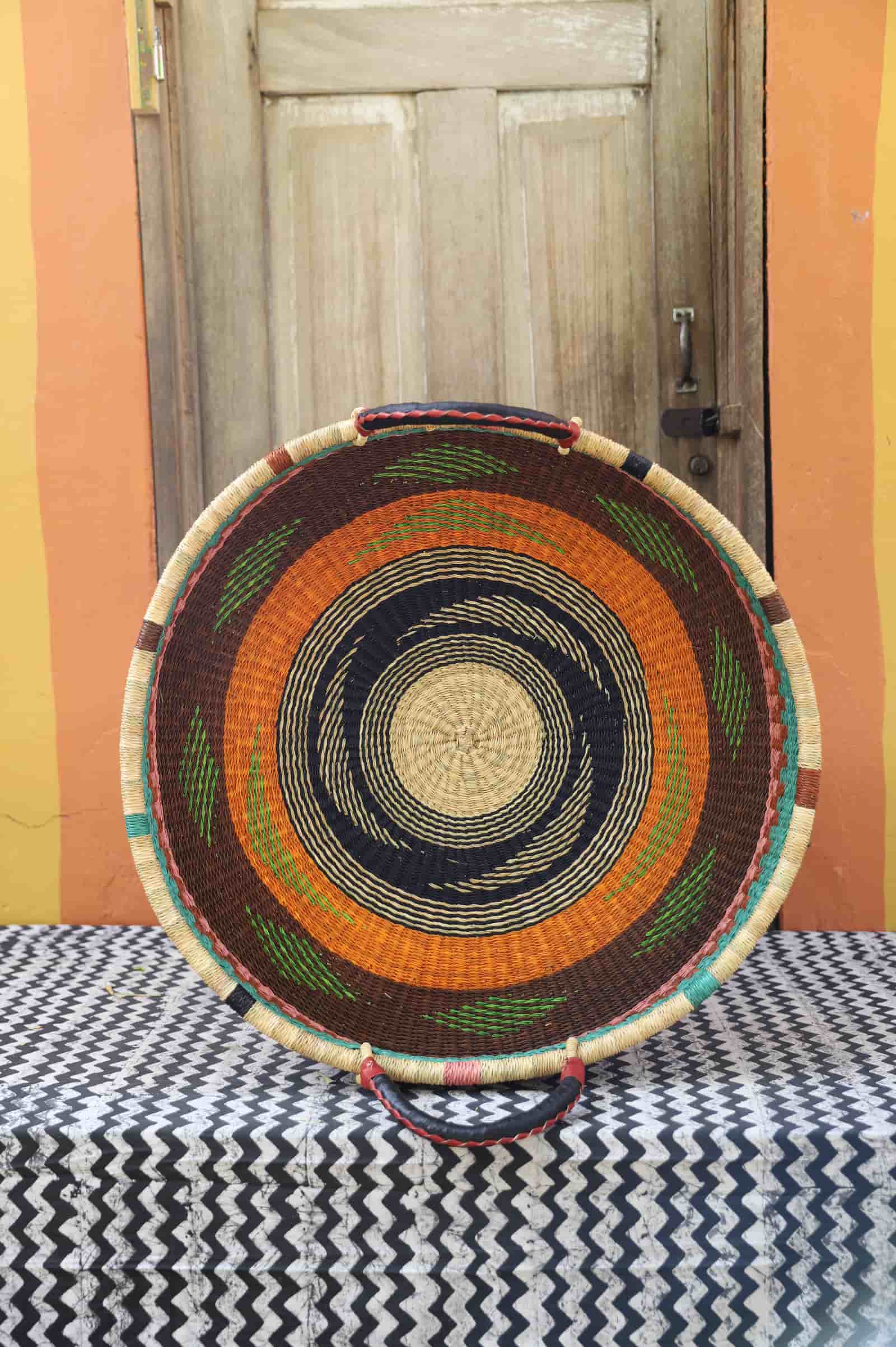  Premium elephant grass tray with leather handles. Bolgatanga artisan craftsmanship.