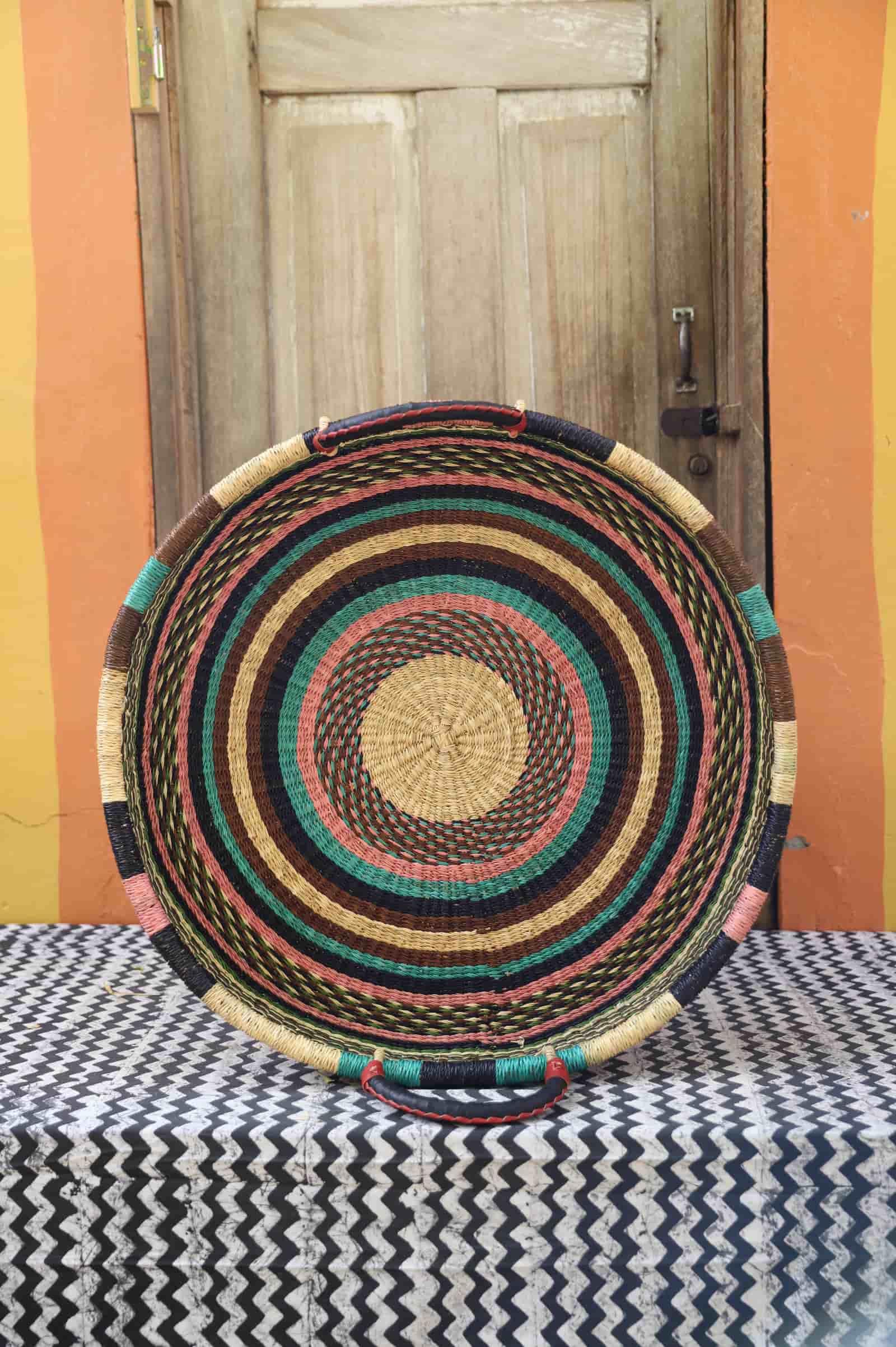  Premium elephant grass tray with leather handles. Bolgatanga artisan craftsmanship.