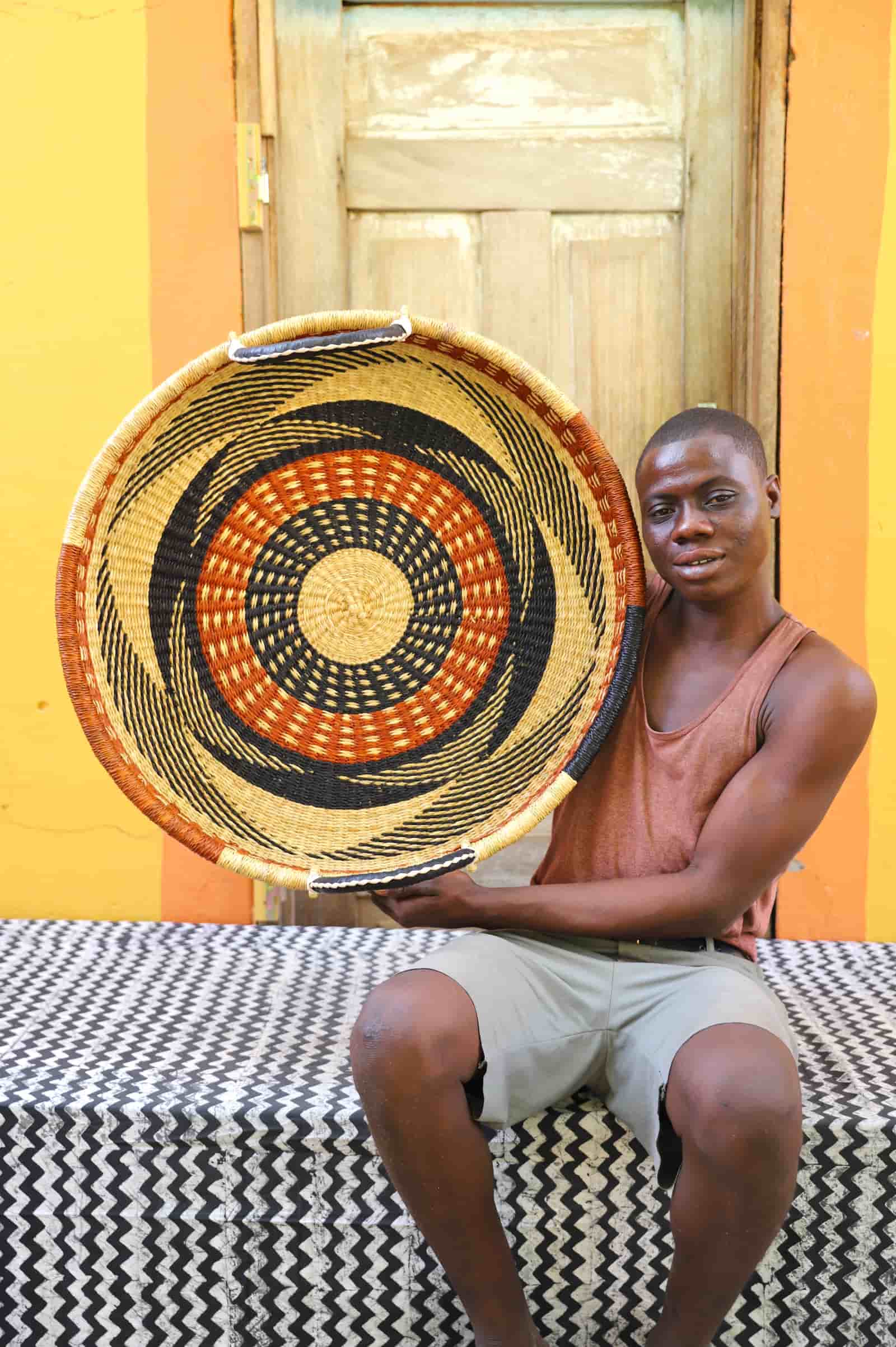  Premium elephant grass tray with leather handles. Bolgatanga artisan craftsmanship.
