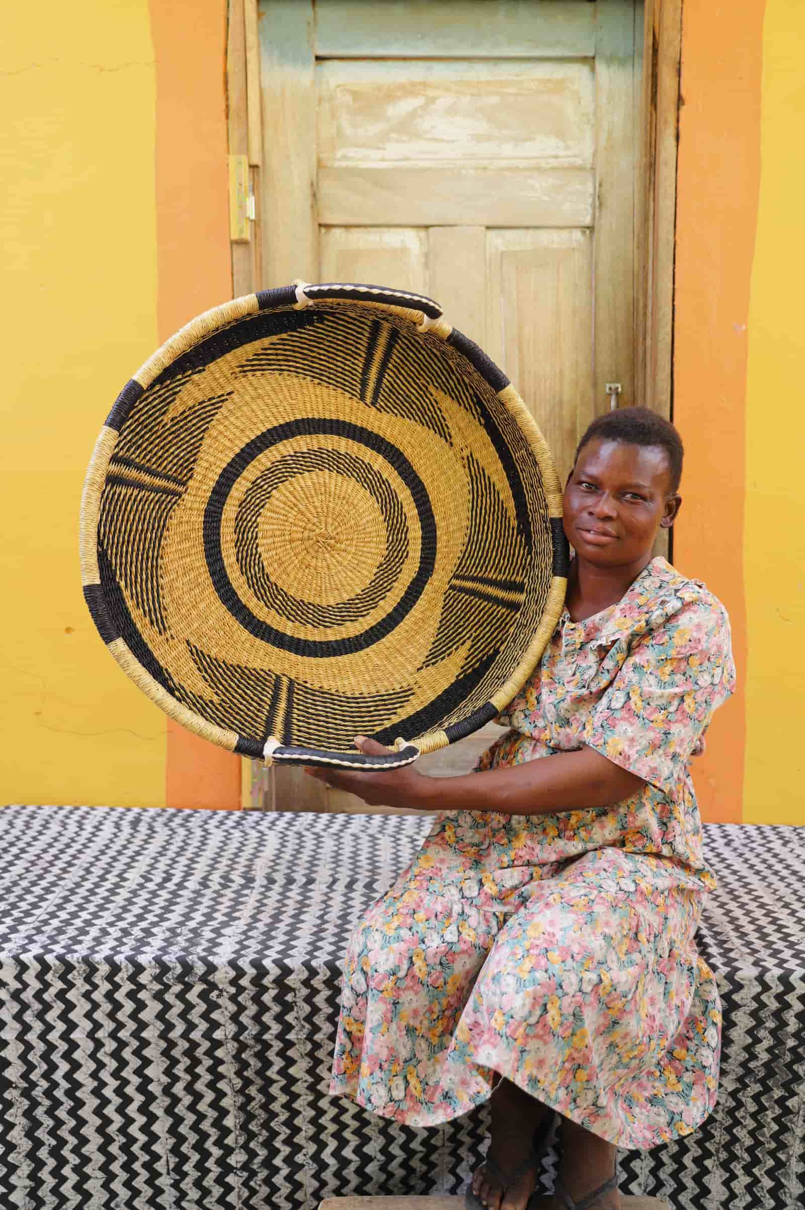 Premium elephant grass tray with leather handles. Bolgatanga artisan craftsmanship.