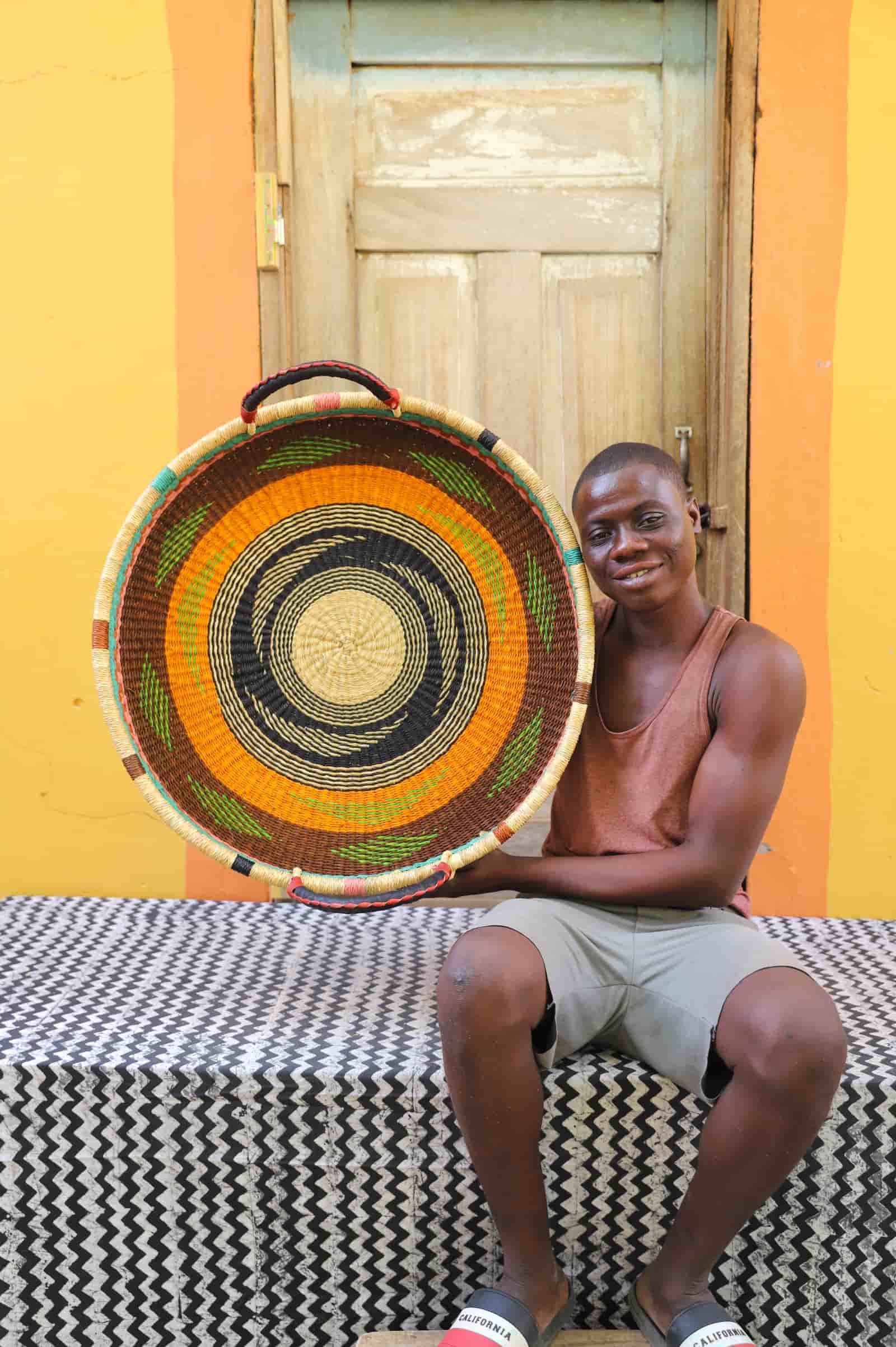  Premium elephant grass tray with leather handles. Bolgatanga artisan craftsmanship.