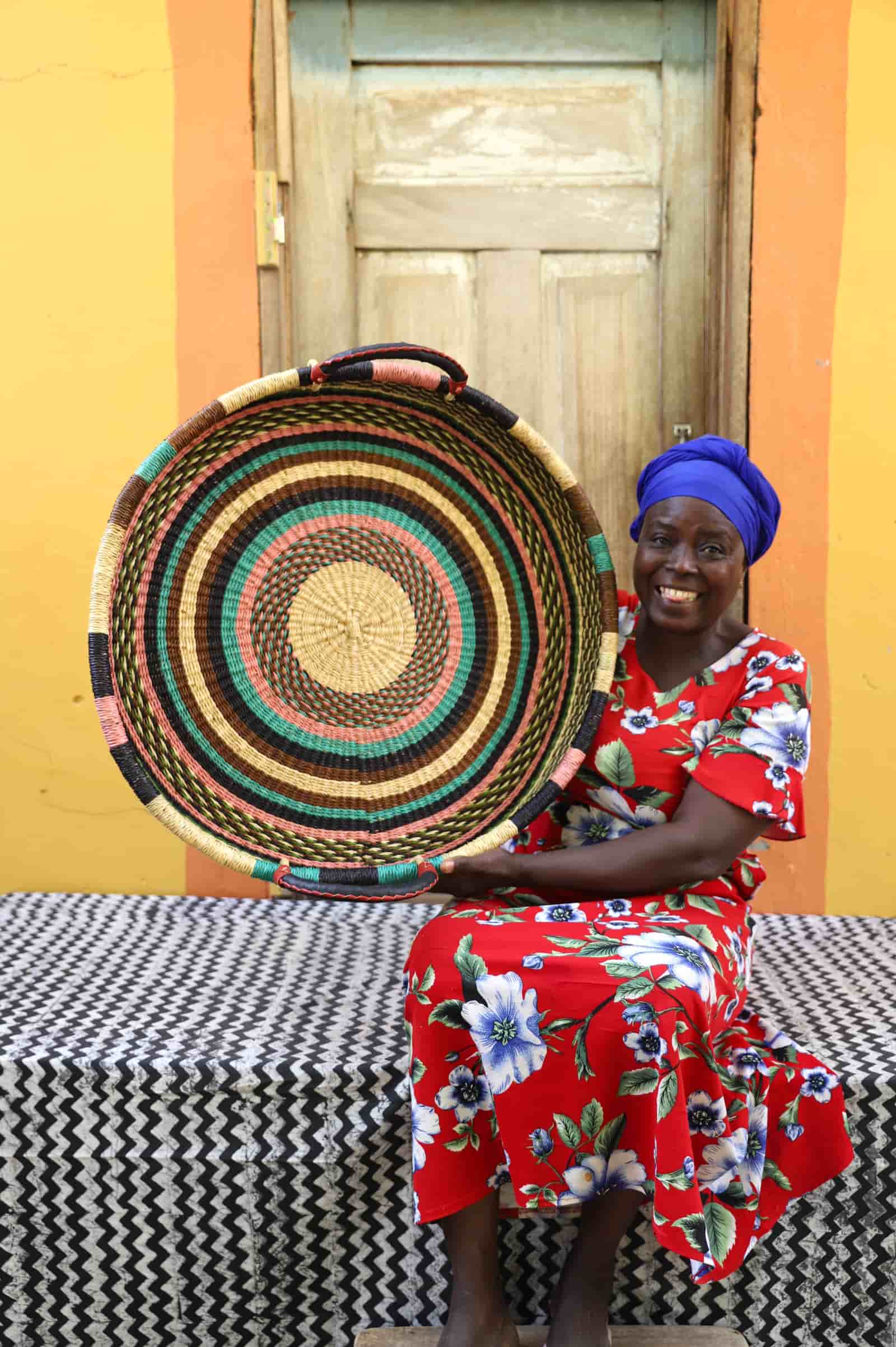  Premium elephant grass tray with leather handles. Bolgatanga artisan craftsmanship.