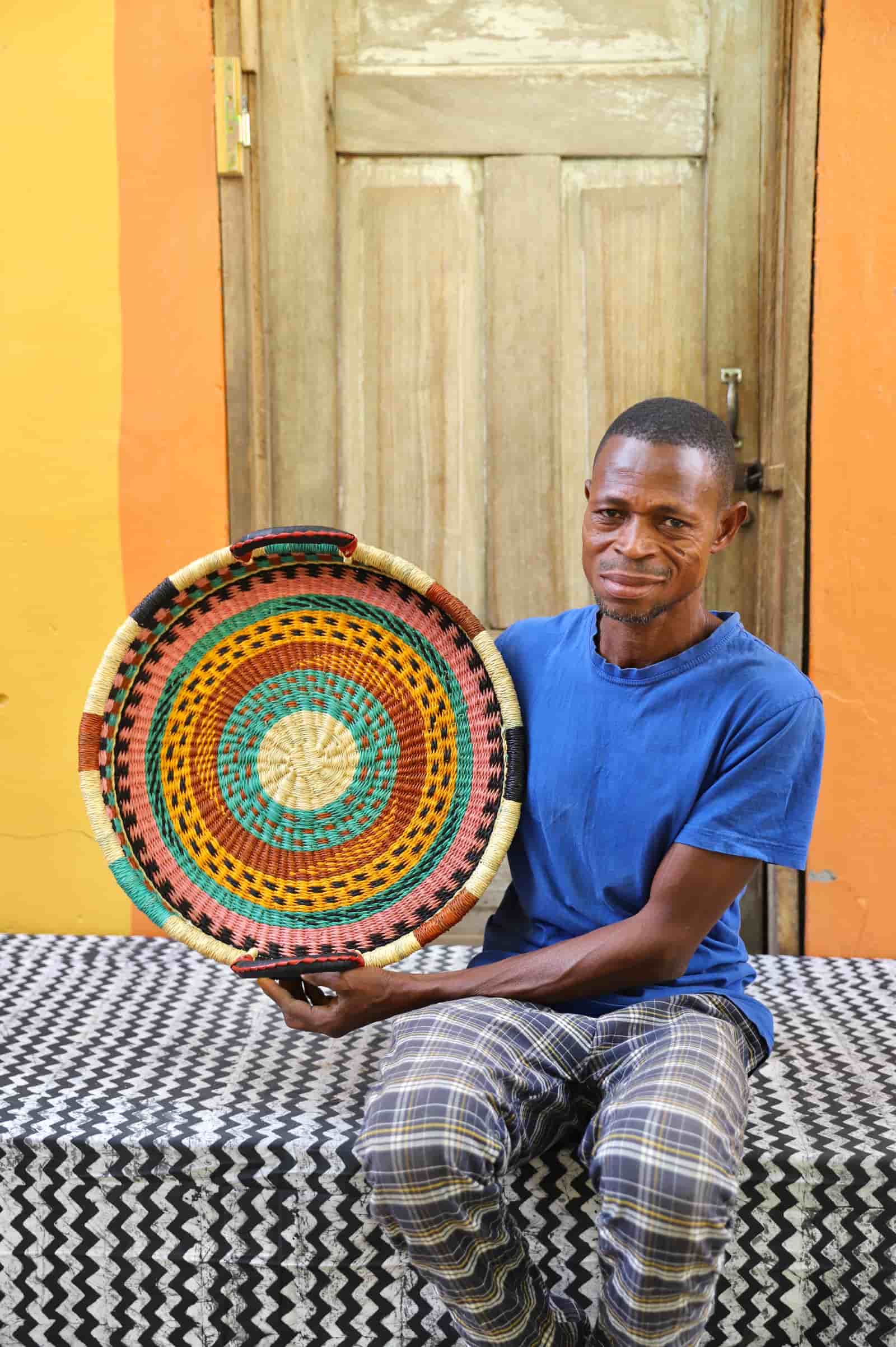 Woven Tray Wall Decor (Small) by The Baba Tree. Premium elephant grass tray with leather handles. Bolgatanga artisan craftsmanship.