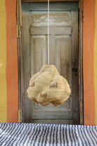 Woven basket hanging in front of a wooden door with a colorful wall background