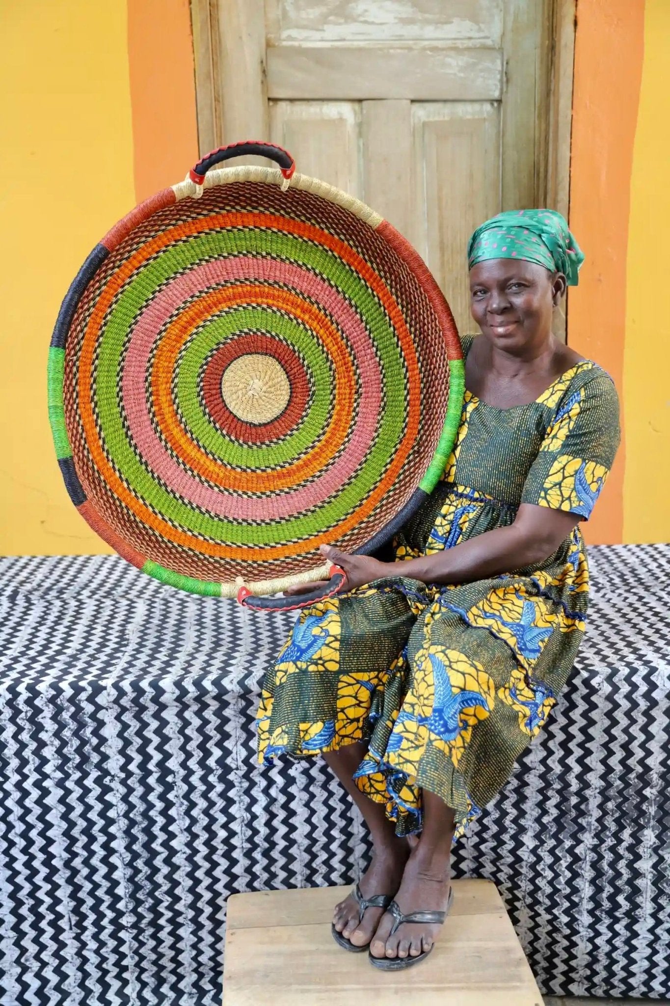 Woven Tray Wall Decor (Large) by The Baba Tree. Premium elephant grass tray with leather handles. Bolgatanga artisan craftsmanship.