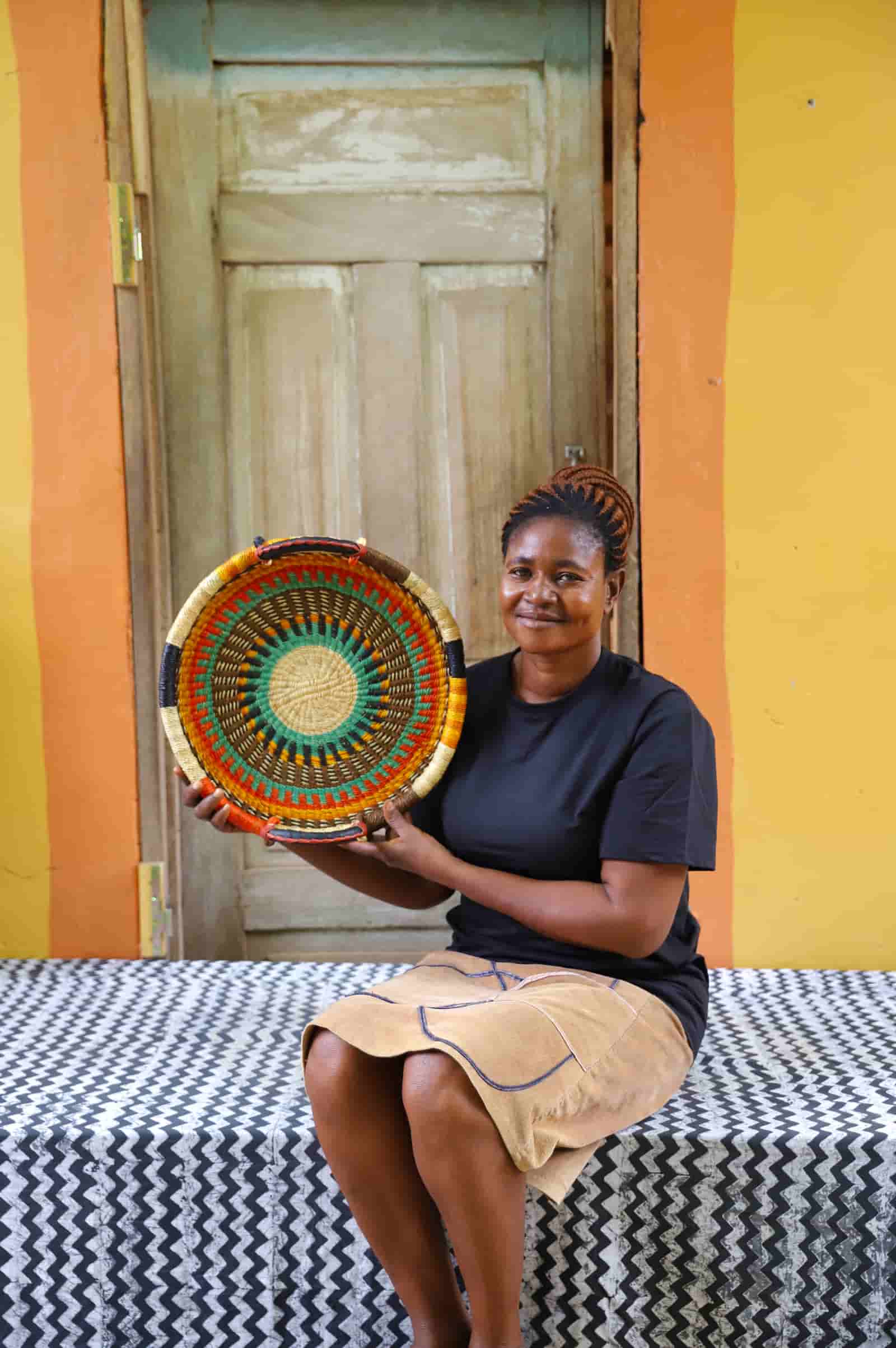 Woven Tray Wall Decor (Large) by The Baba Tree. Premium elephant grass tray with leather handles. Bolgatanga artisan craftsmanship.