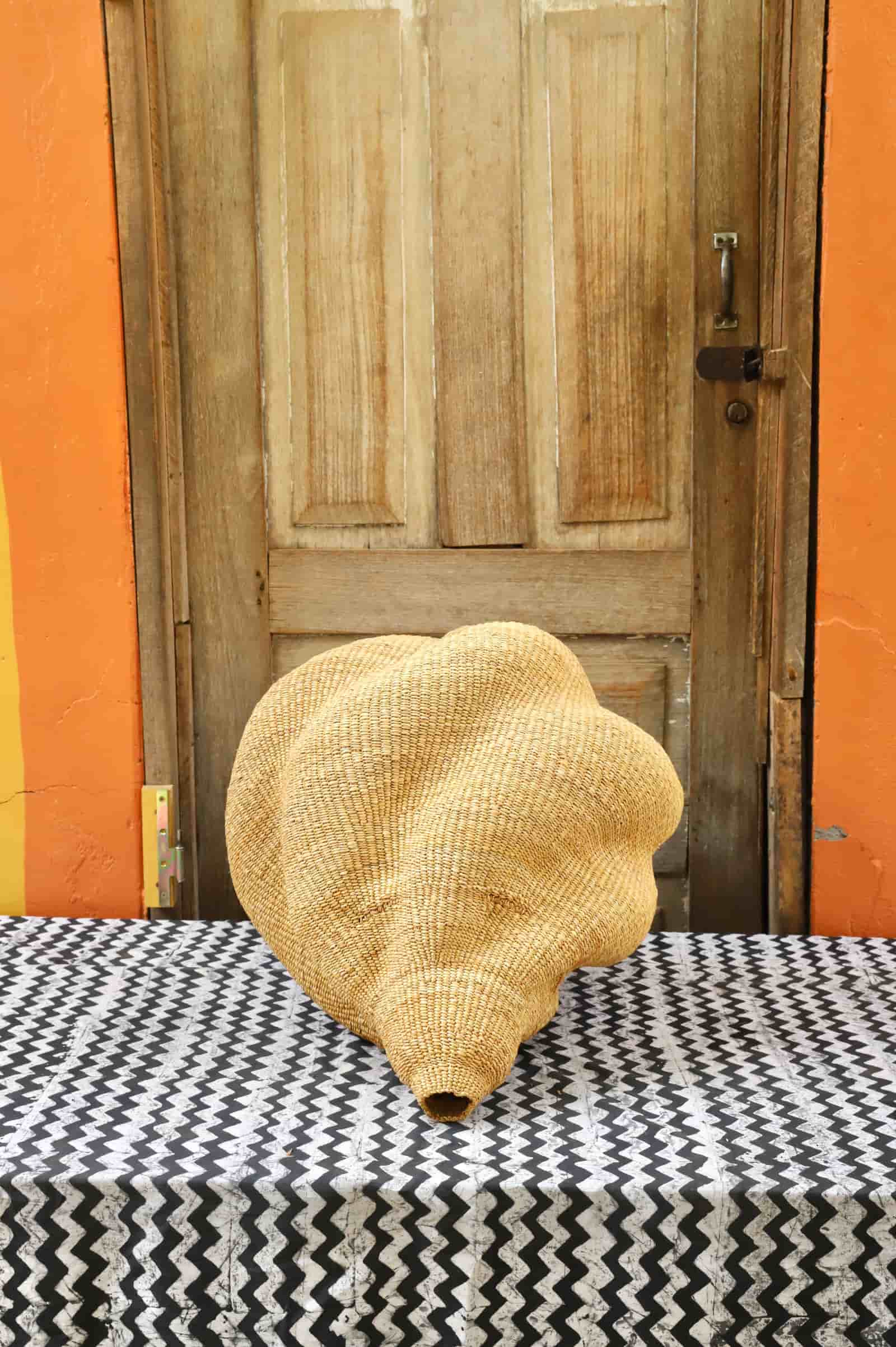 Conch-shaped lampshade on a black and white cloth against a wooden door.
