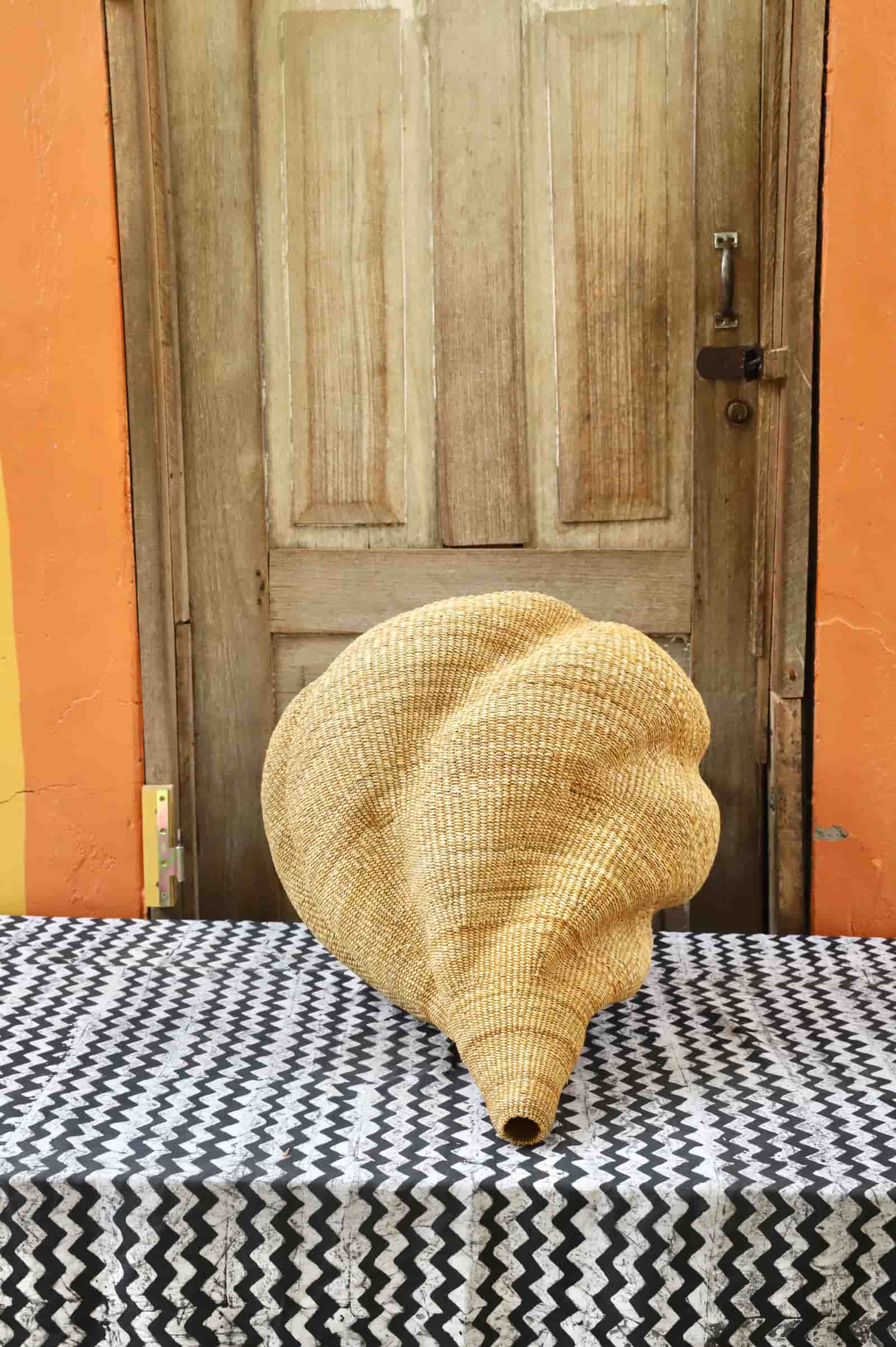 Woven conch on a black and white patterned tablecloth in front of a wooden door.