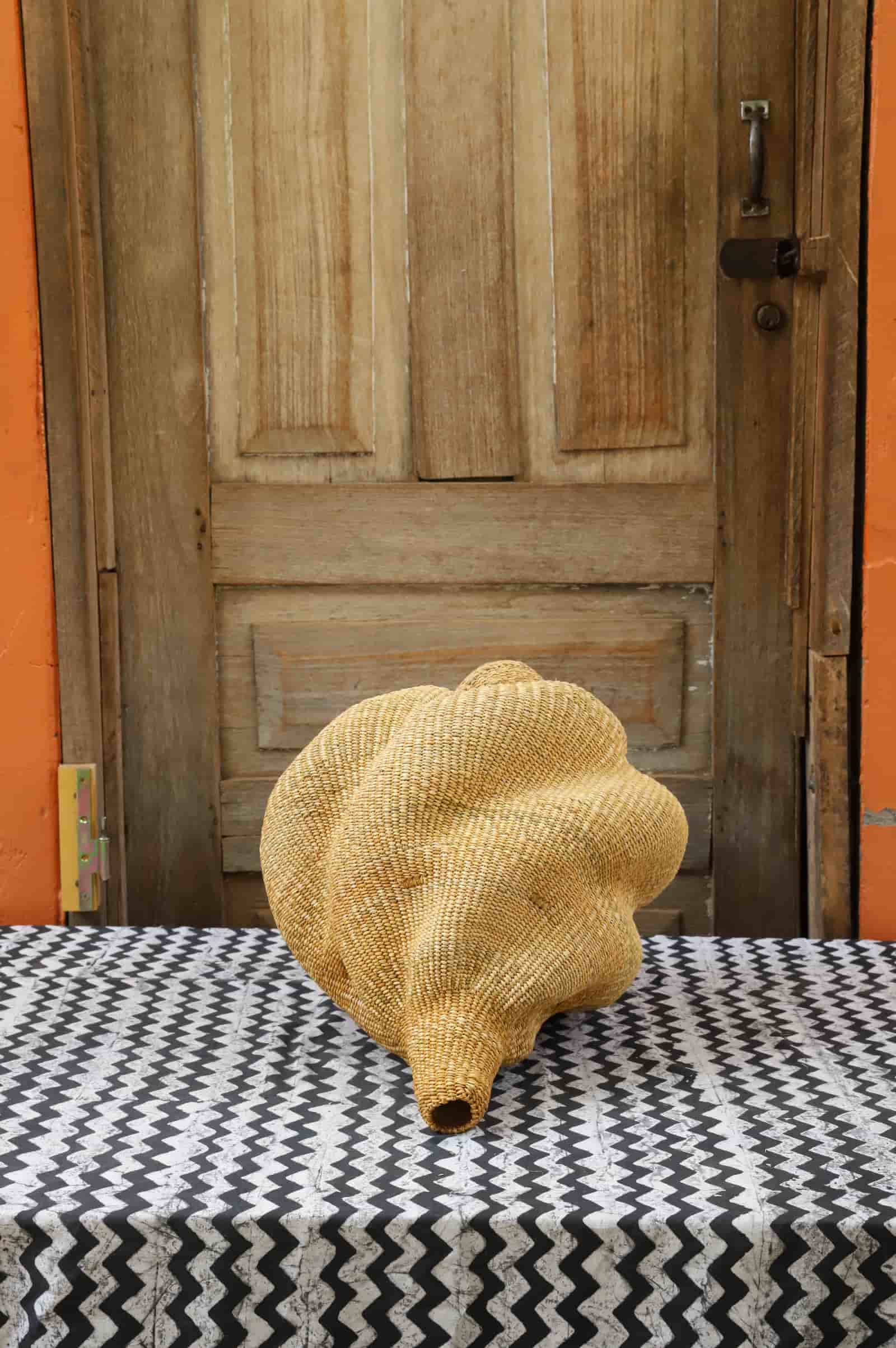 Woven conch lampshade on a black and white patterned tablecloth with a wooden door in the background.