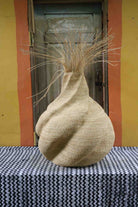Handwoven art basket in natural straw with sculpted twisted form and dried grass at the top, on a chevron surface.